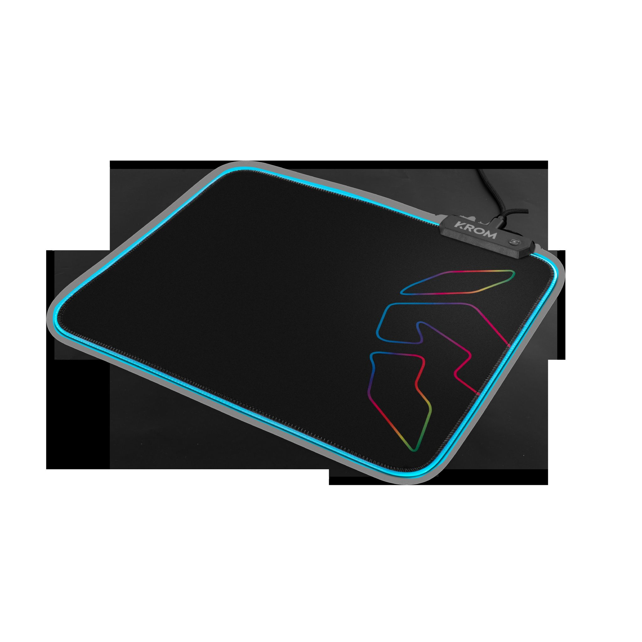 Czarna prostokątna podkładka pod mysz z niebieską krawędzią LED, logo KROM i kolorowym designem.