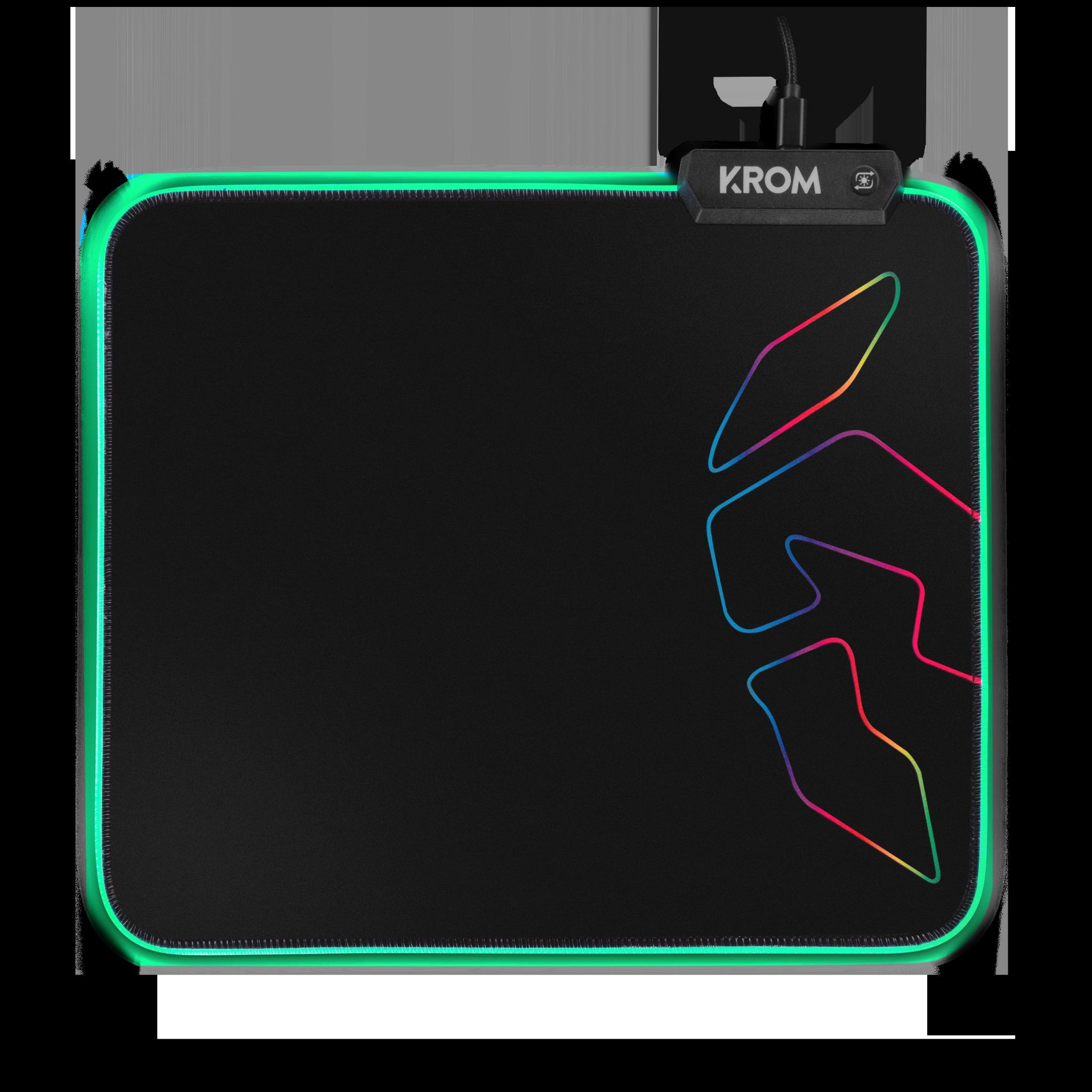 Czarna prostokątna podkładka pod mysz dla graczy z zieloną świecącą krawędzią i logo. Kolorowe linie po prawej.