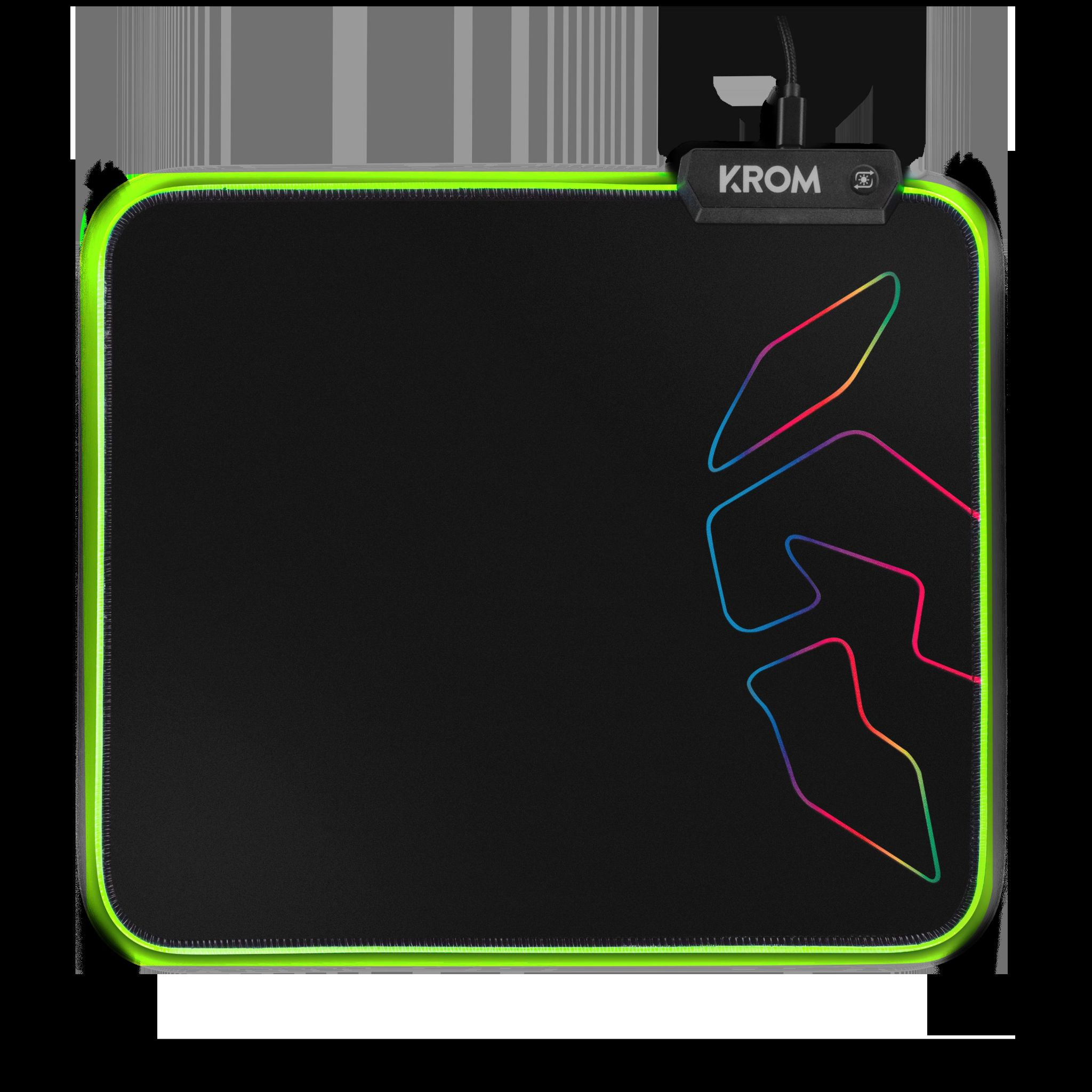 Czarna prostokątna podkładka pod mysz z zieloną świecącą obwódką i kolorowym designem. Logo KROM u góry.