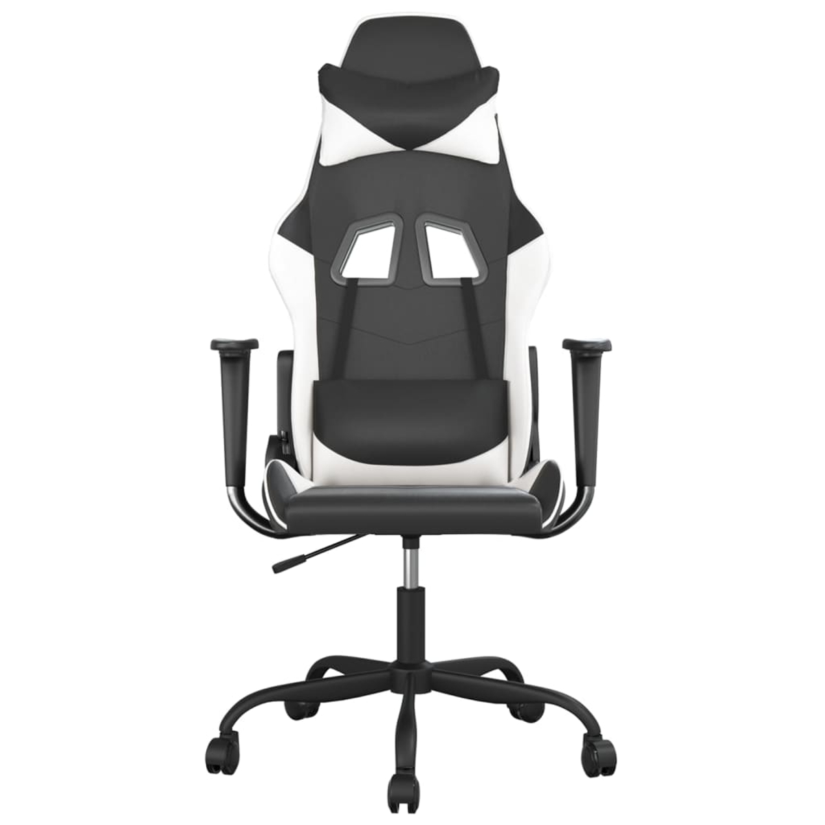 Ein schwarz-weißer Gaming-Stuhl. Er hat eine hohe Rückenlehne, Armlehnen und ein Fünf-Sterne-Gestell mit Rollen. Das Design ist modern.