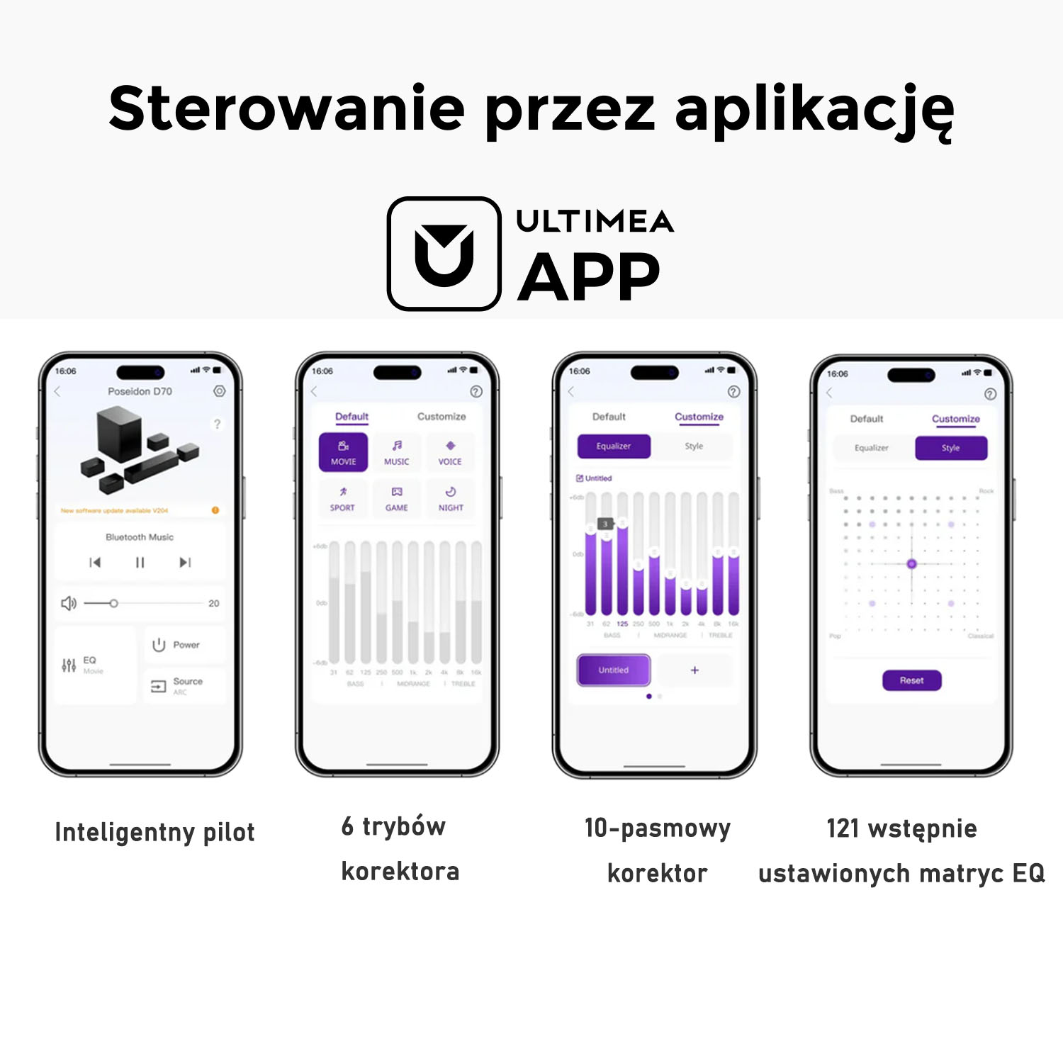 Zrzuty ekranu aplikacji telefonicznej z ustawieniami audio: korektor, tryby filmowy, muzyczny i regulacja głośności.