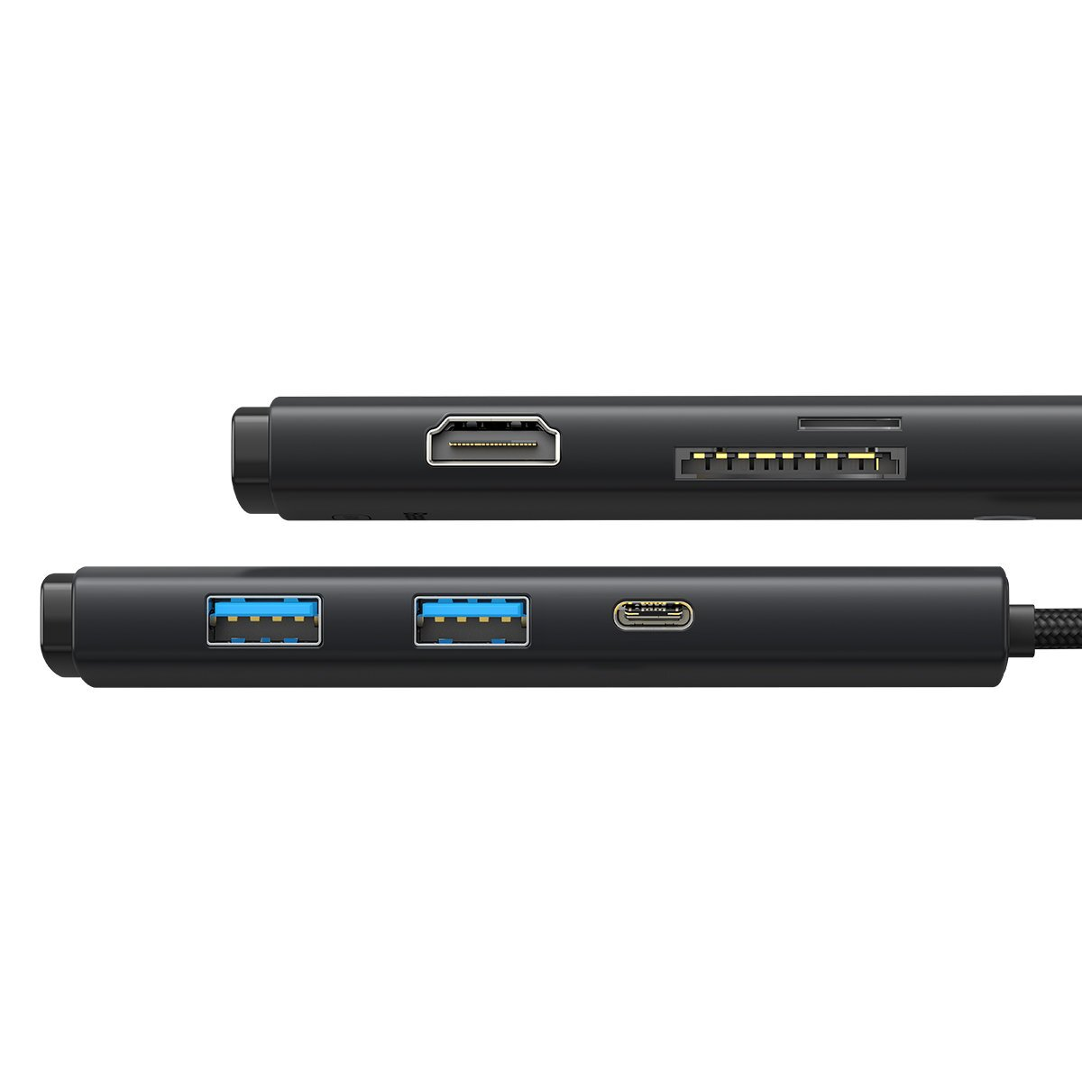 Schwarzer USB-Hub mit mehreren Anschlüssen, einschließlich USB, HDMI und SD-Kartensteckplatz. Die Anschlüsse sind blau und weiß. Der Hintergrund ist weiß.