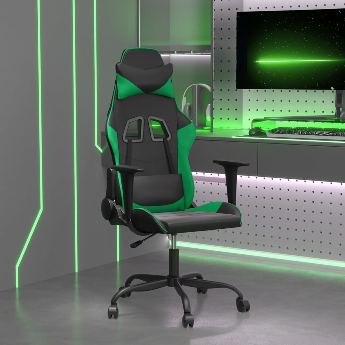 Ein Gaming-Stuhl mit grünen und schwarzen Akzenten. Der Hintergrund zeigt ein Computer-Setup mit grünen Neonlichtern.