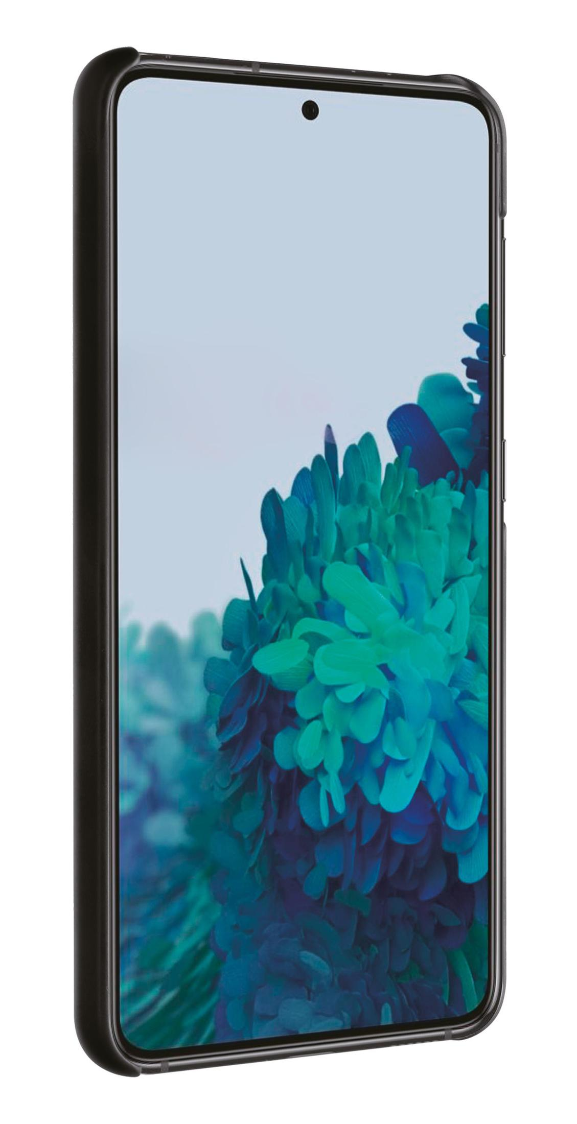 Uno smartphone in una custodia nera. Lo schermo mostra un design floreale in tonalità blu e verde su sfondo azzurro.