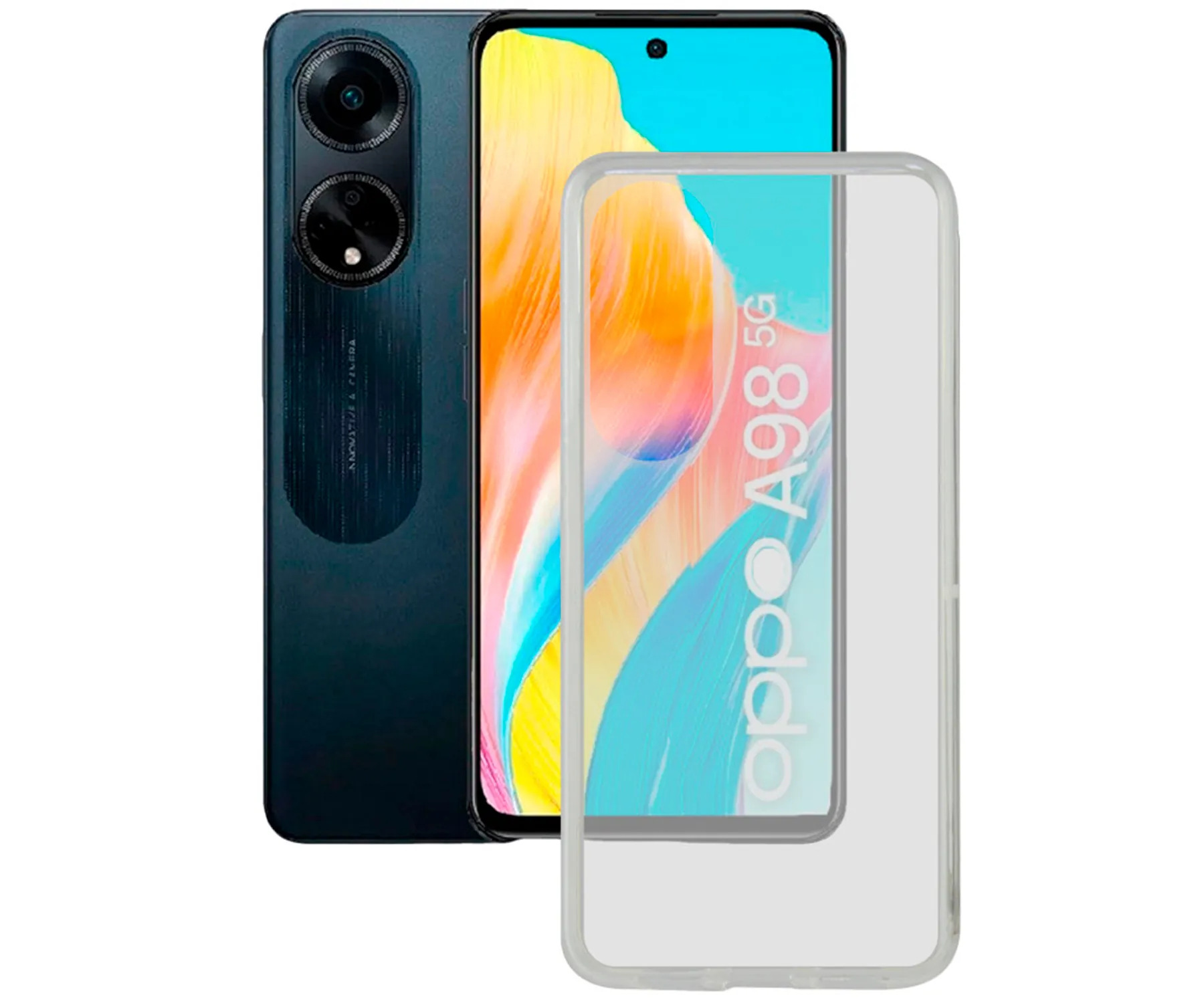 Teléfono Oppo A98 5G con funda transparente. El teléfono es azul oscuro con lentes de cámara y pantalla brillante. La funda es transparente.