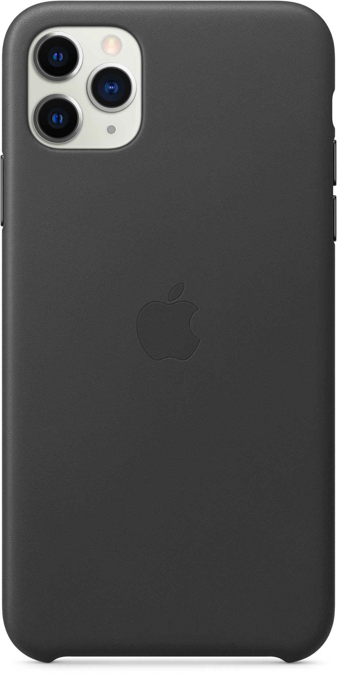 Donkergrijze telefoonhoes met cameralenzen en een Apple-logo. De hoes heeft een gestructureerd oppervlak en het logo is in reliëf.