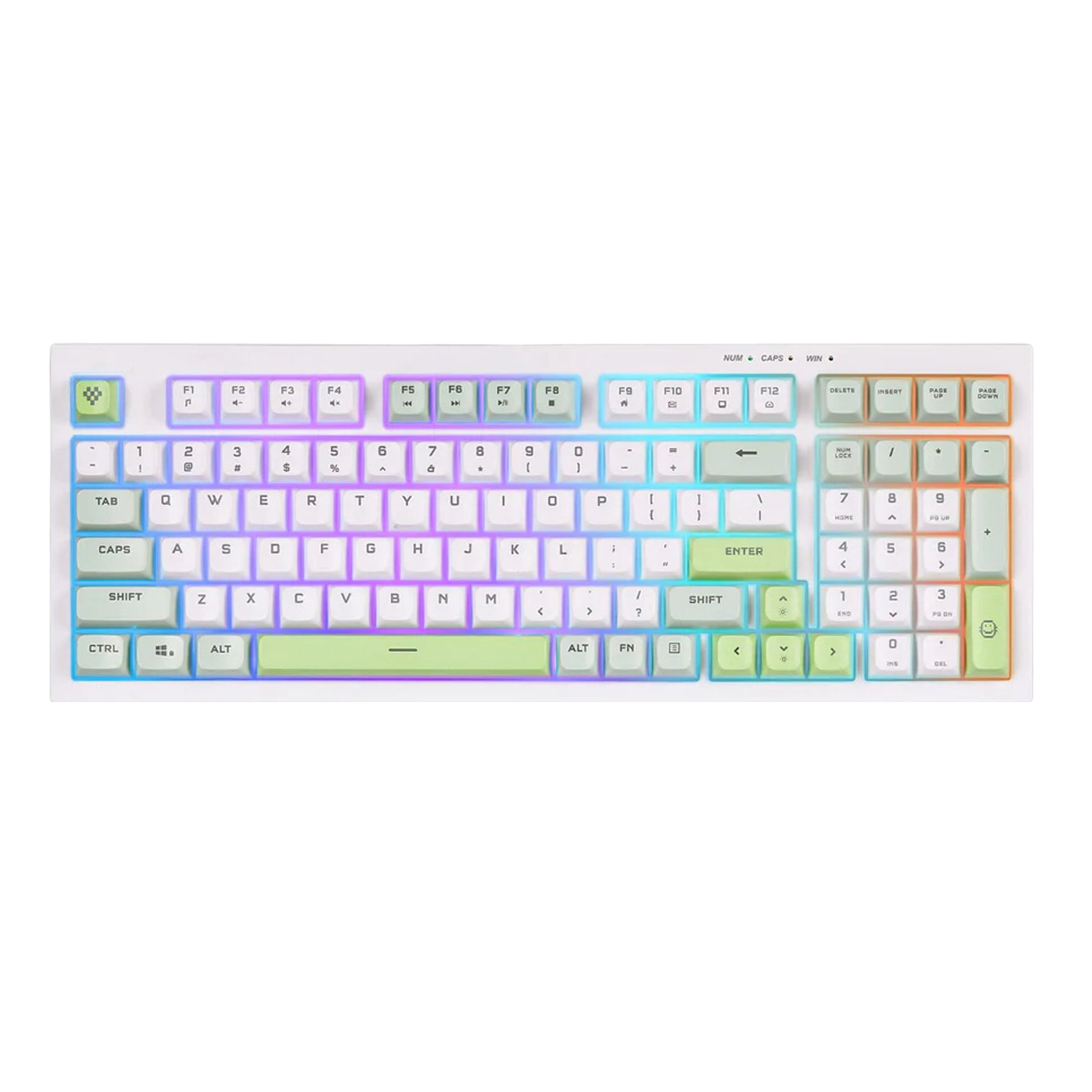 White mechanical keyboard with various colored keys, including green, orange, and blue.