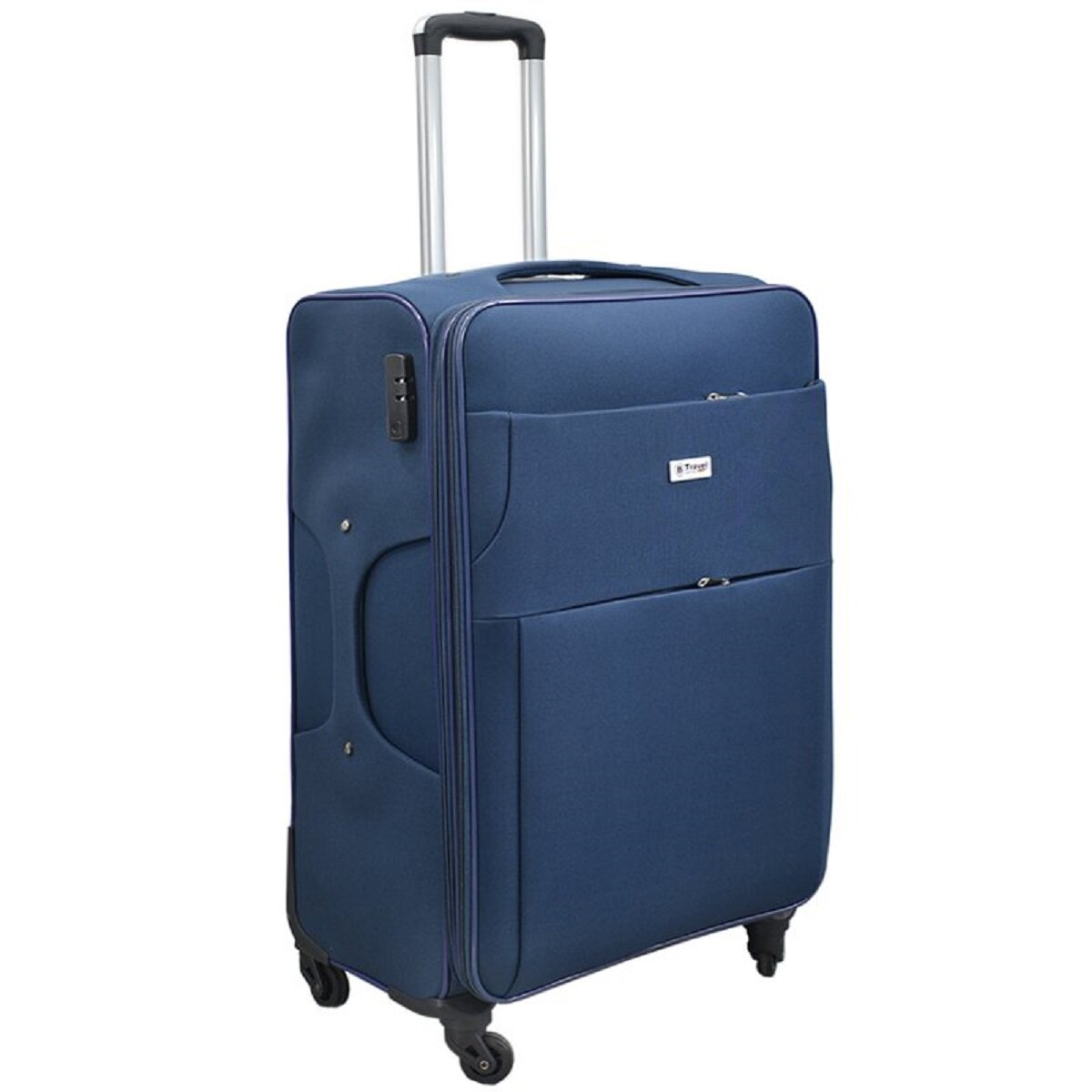 Ein marineblauer Koffer mit silbernem Griff. Er hat zwei Vordertaschen und Räder. Der Hintergrund ist weiß.