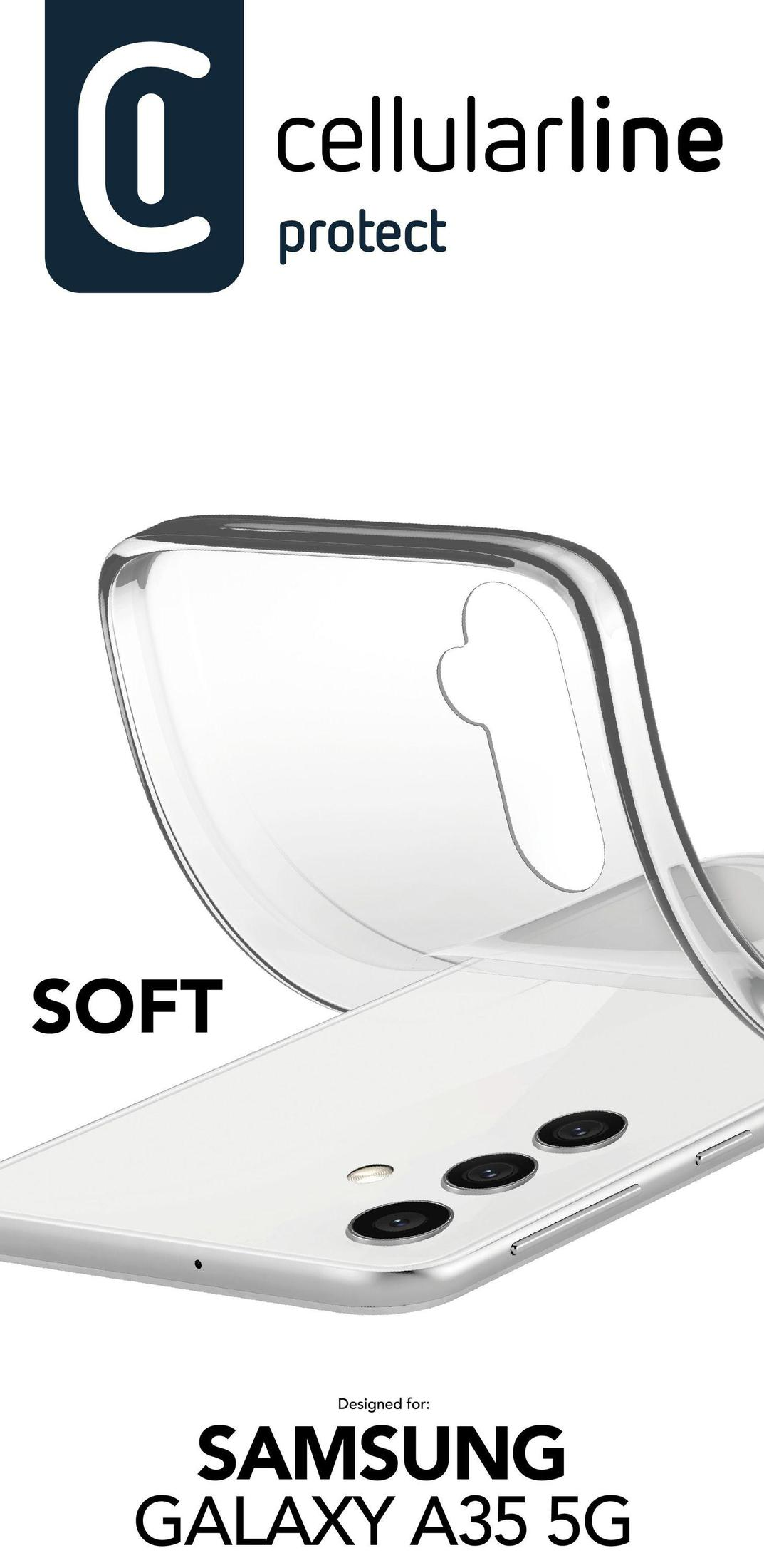Una custodia su un Samsung Galaxy A35 5G bianco. Il marchio è Cellularline, con la scritta 'SOFT' sul telefono.