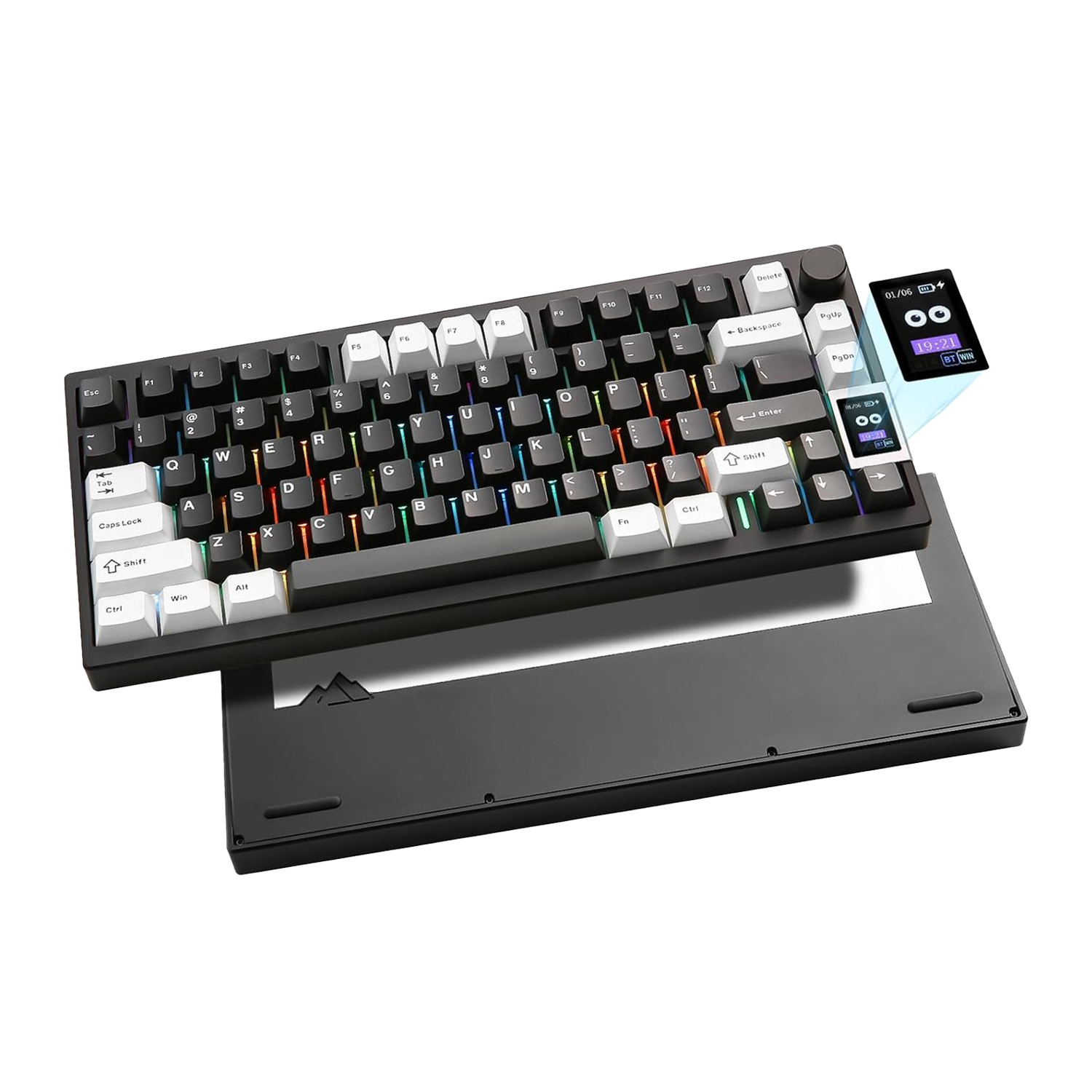 A black mechanical keyboard with white and black keys. It has a small screen on the side.