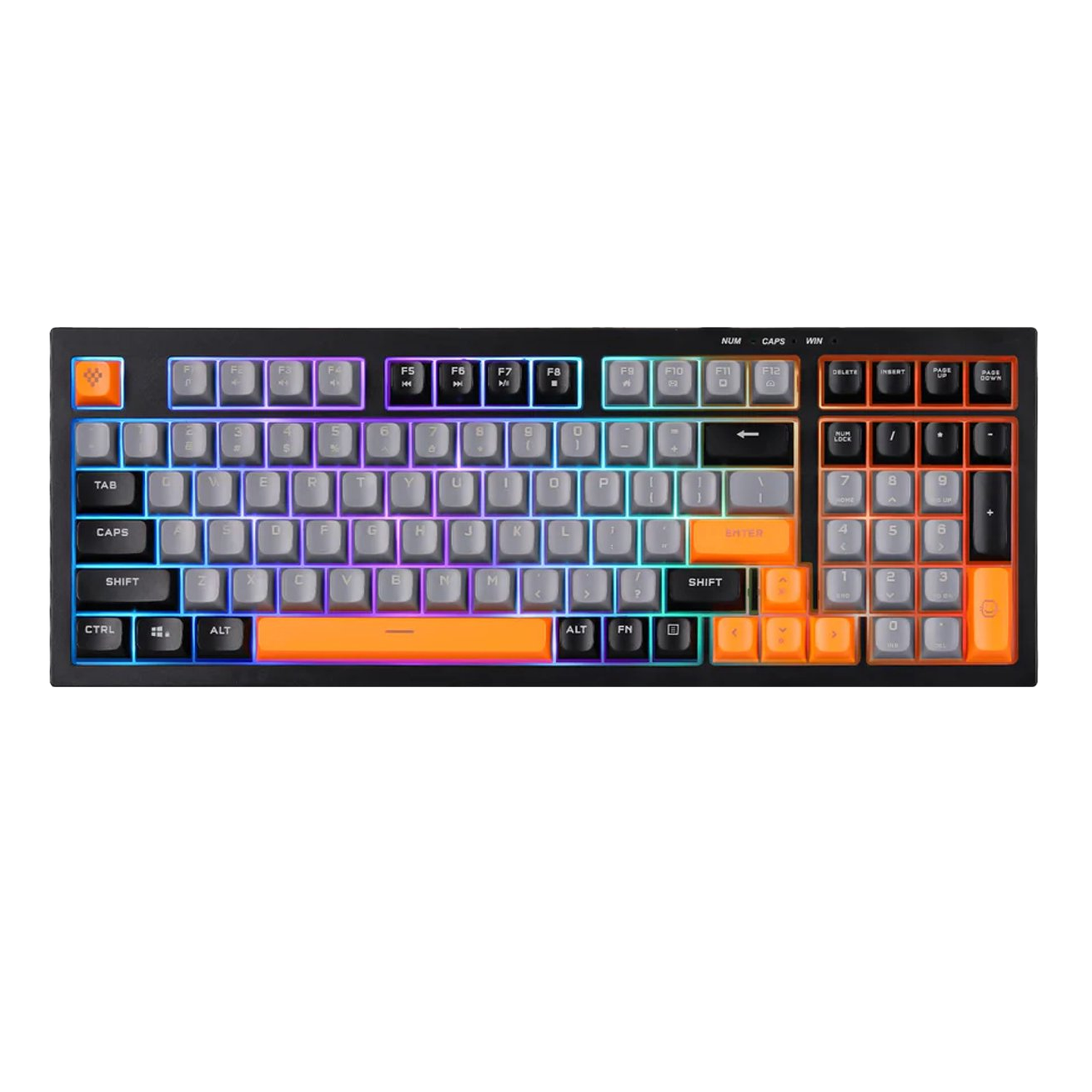 A black and grey mechanical keyboard with orange and purple keys. It is on a white background.