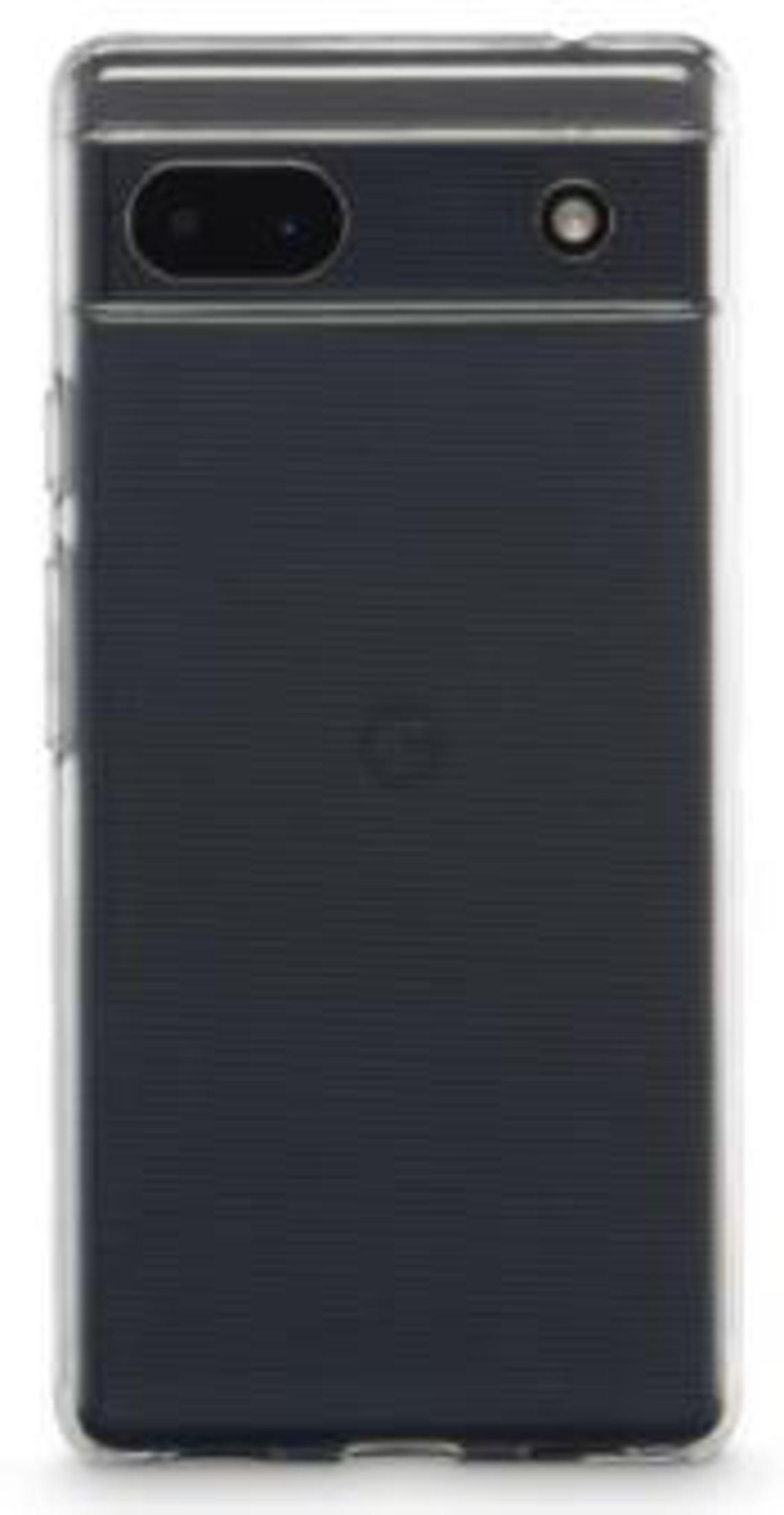 Vista posteriore di uno smartphone grigio scuro in una custodia trasparente. Ha una fotocamera e un flash.