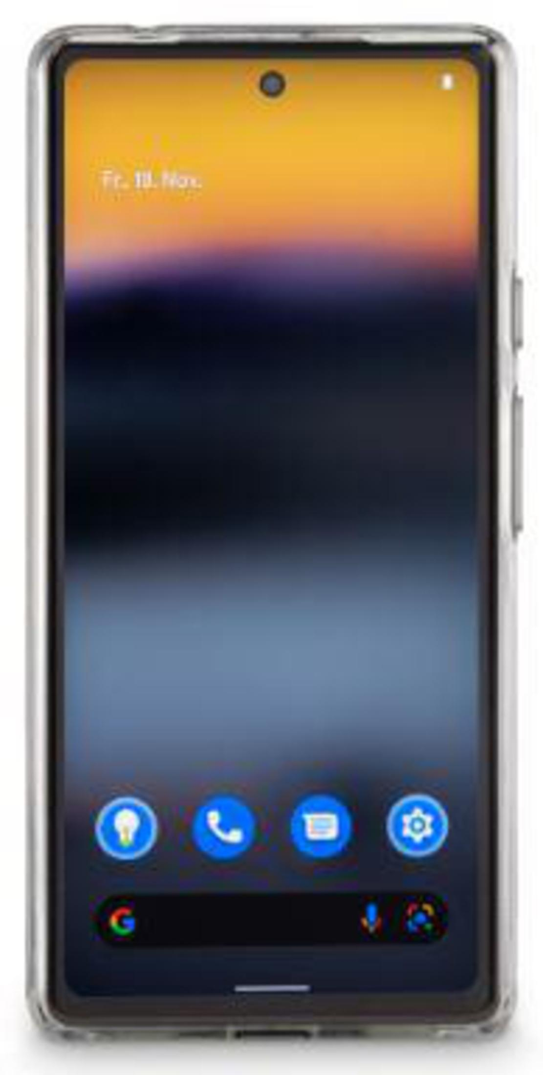 Uno smartphone mostra una sfumatura blu, gialla e nera. Icone in basso: lampadina, telefono, email, impostazioni. Data: ven. 18 nov.