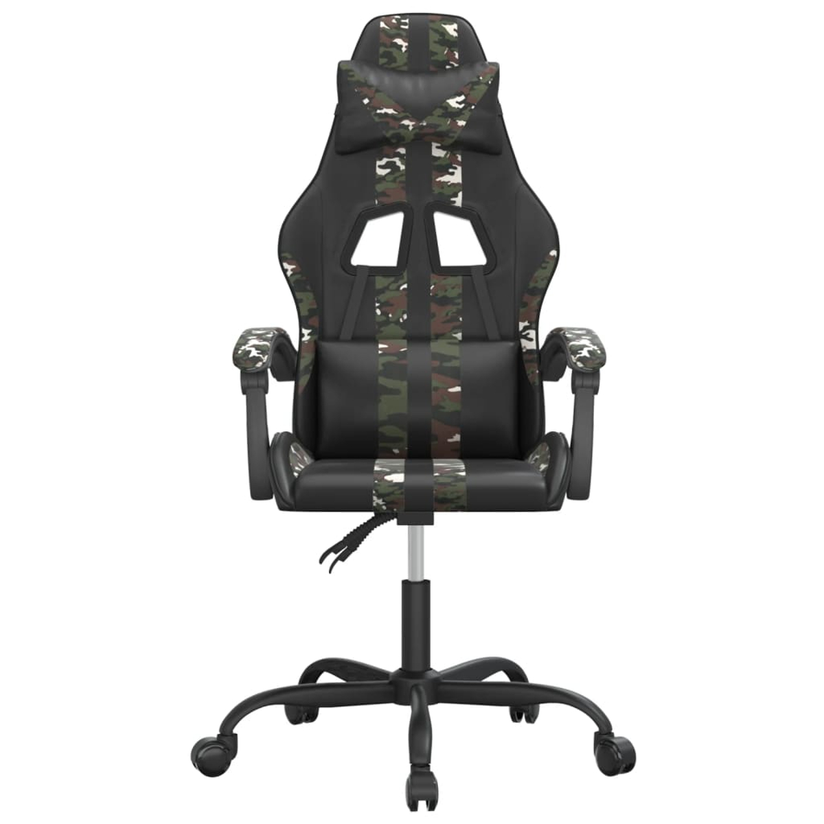 Ein Gaming-Stuhl mit schwarzem Gestell und Tarnmuster auf Rückenlehne und Sitzfläche. Er hat Armlehnen und eine Kopfstütze, vor weißem Hintergrund.