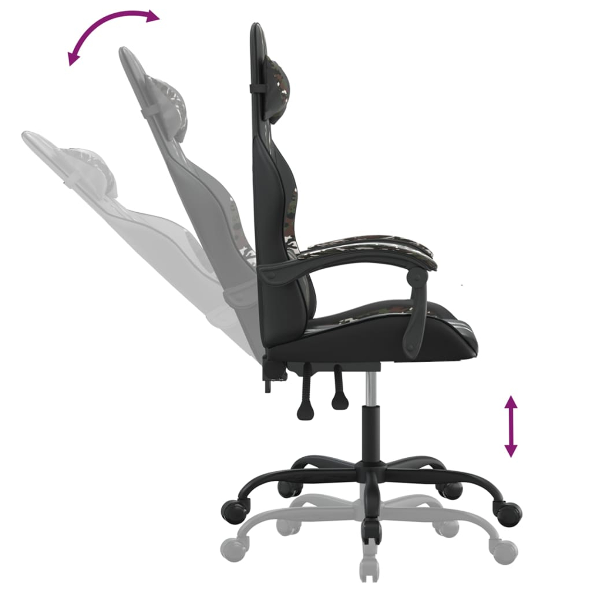 Schwarzer Gaming-Stuhl mit Tarnakzenten. Pfeile zeigen die verstellbare Höhe und den Winkel der Rückenlehne.