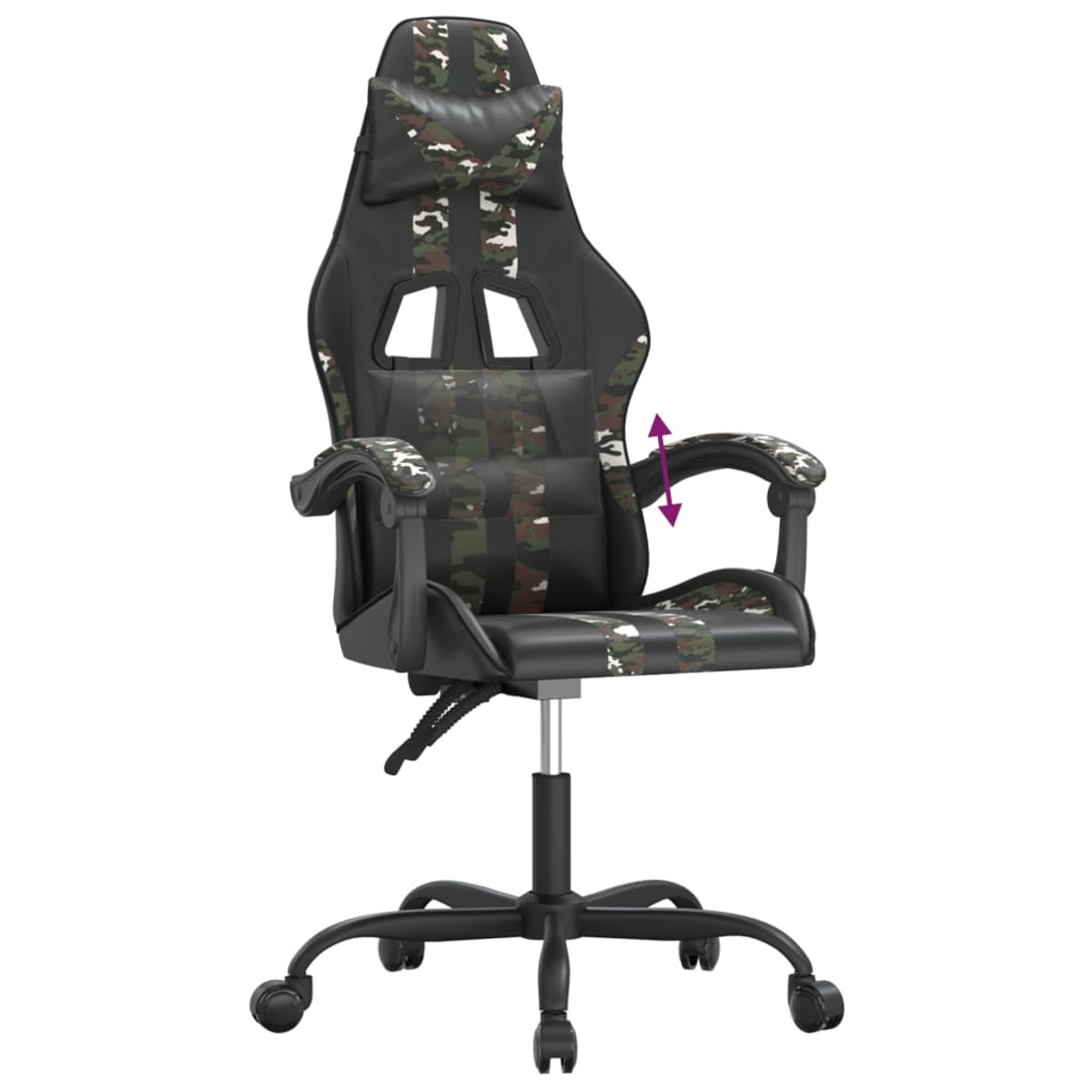 Gaming-Stuhl mit schwarzem und Camouflage-Muster. Er hat Armlehnen, eine Kopfstütze und Räder. Die Armlehnen sind verstellbar.