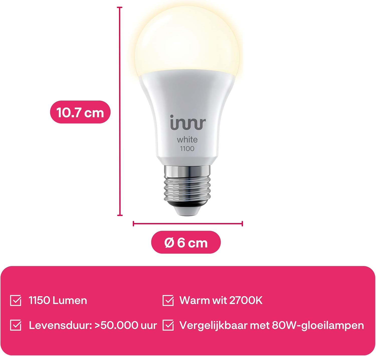 A white Innr LED lightbulb. Dimensions are shown: 10.7cm height, 6cm diameter. Details include 1150 lumens, warm white 2700K.