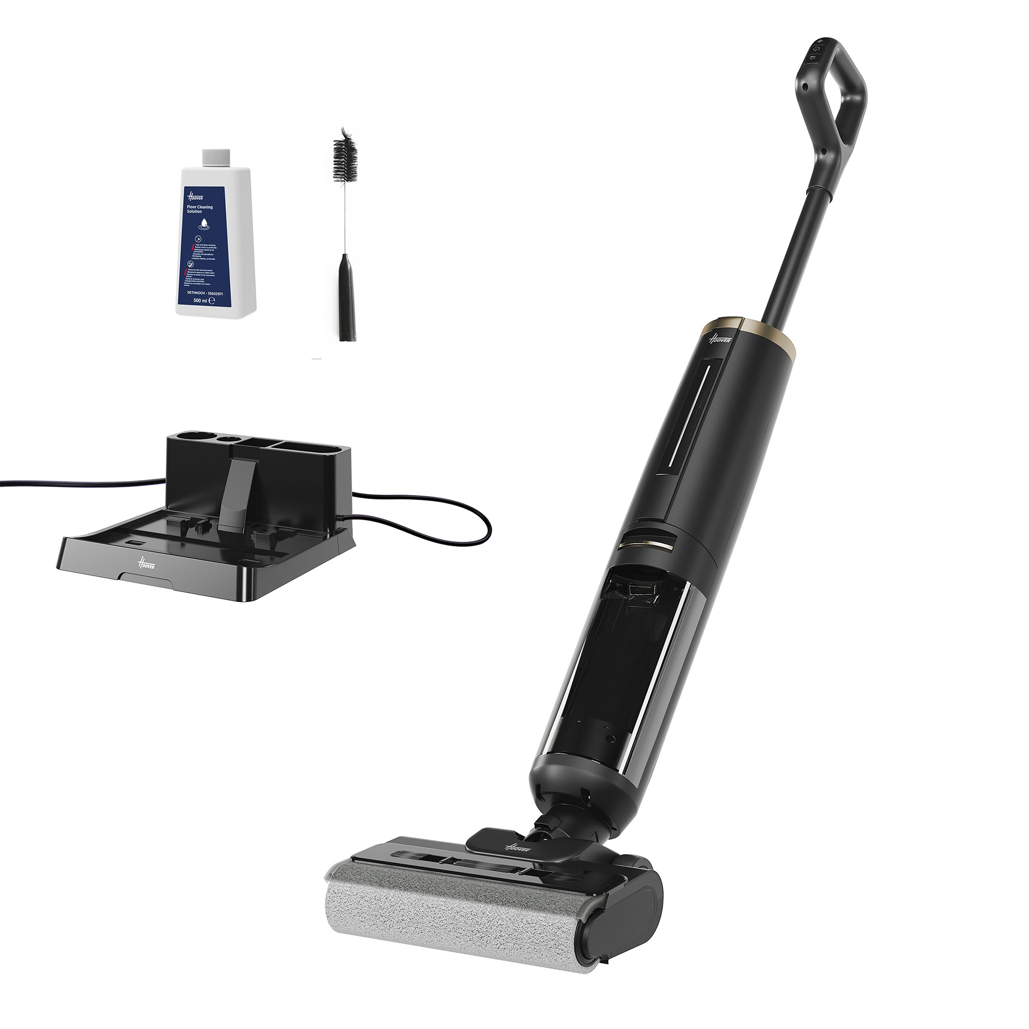 Nettoyeur de sol noir et doré avec accessoires : bouteille, brosse et station de charge. Fond blanc.