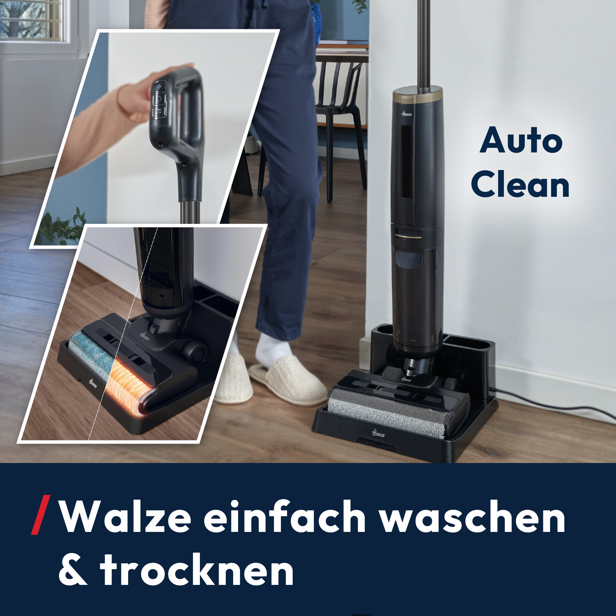 Ein schwarzer und goldener Staubsauger wird angezeigt. Er hat eine Basis, einen Griff und einen Reinigungskopf. Die Wörter Auto Clean sind sichtbar.