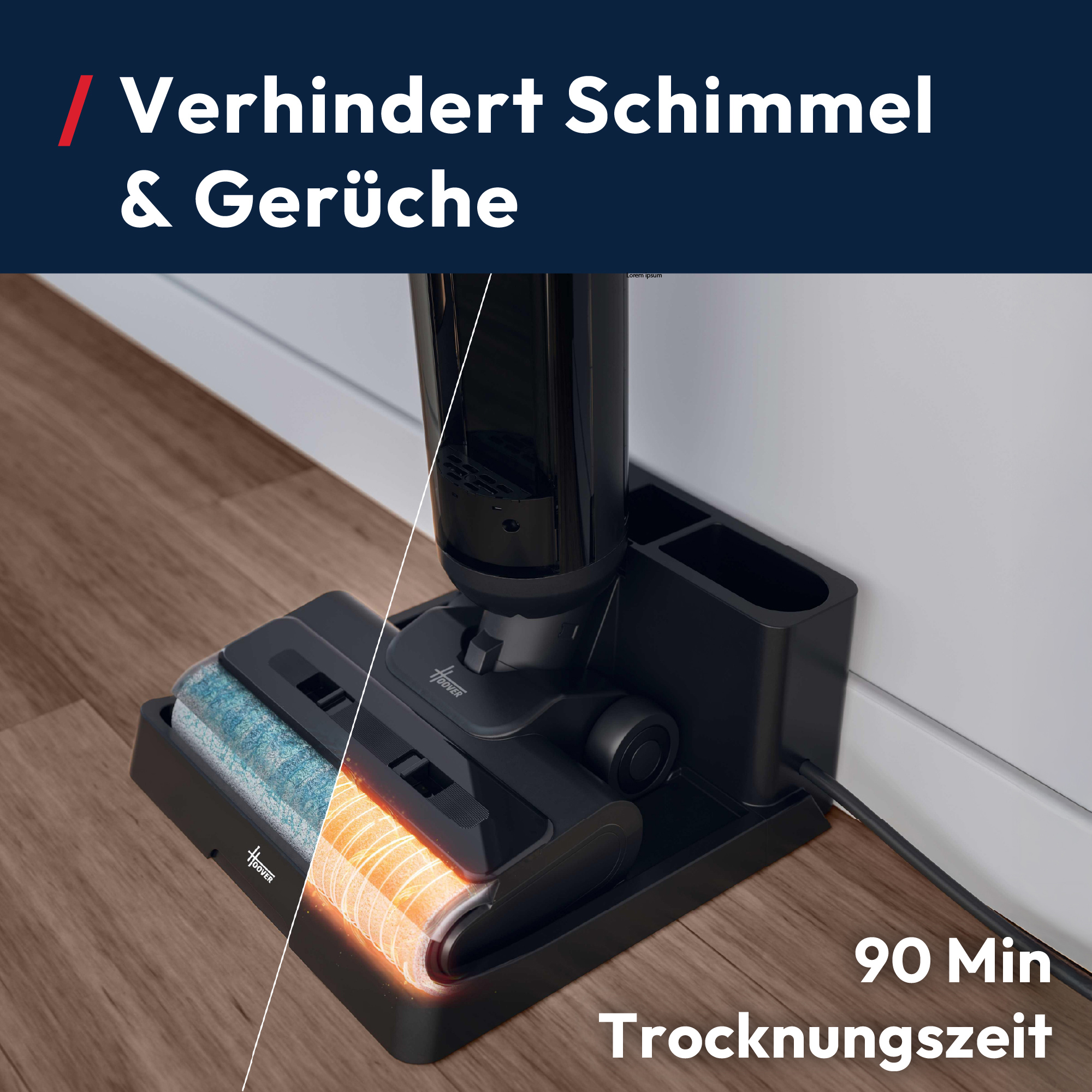Schwarzer Staubsauger auf Ladestation. Text: Verhindert Schimmel und Gerüche, 90 Min. Trocknungszeit.