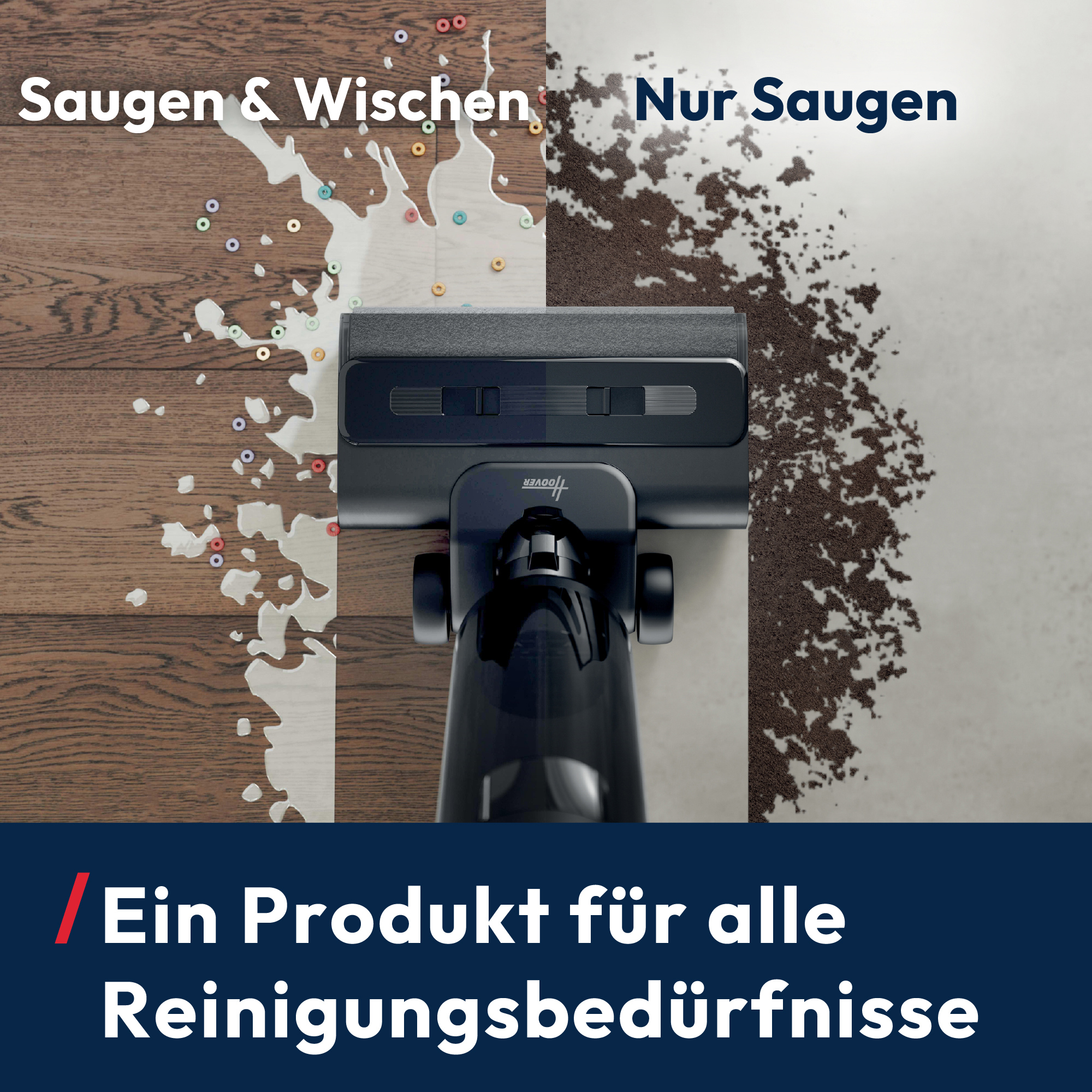 Aspirateur sur bois et sol. Le côté gauche montre le nettoyage à l'eau, le droit l'aspiration seule.