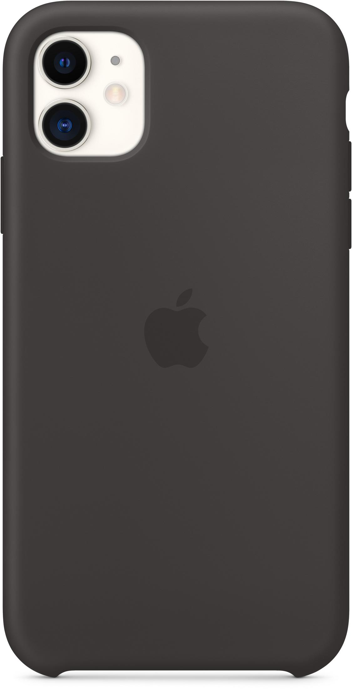 Eine dunkelgraue iPhone-Hülle. Sie hat das Apple-Logo und ein Kameramodul mit zwei Objektiven und einem Blitz.