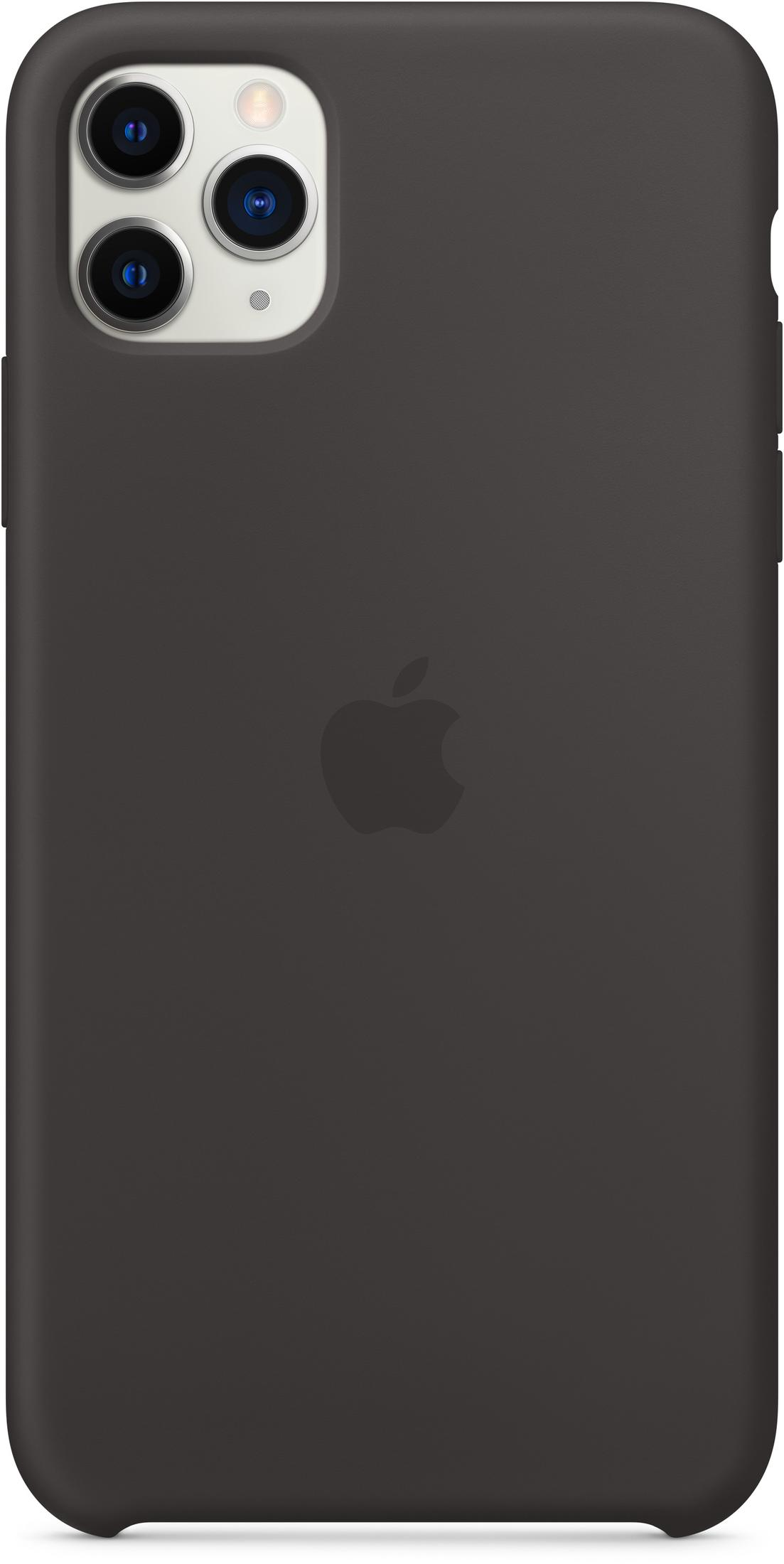 Een donkergrijze iPhone-hoes met het Apple-logo. De hoes heeft een camerabult met drie lenzen en een flitser.