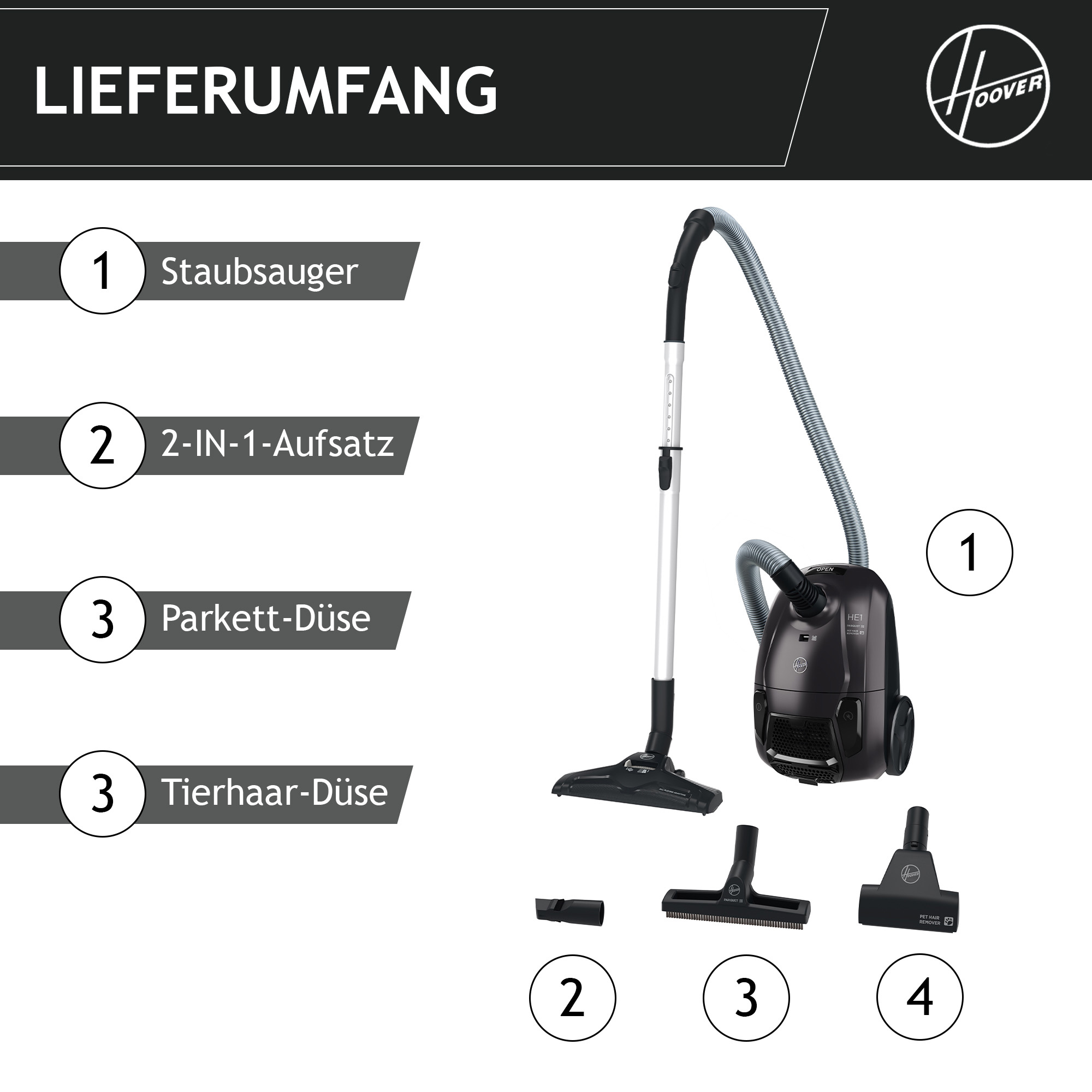 Obraz przedstawia czarny odkurzacz Hoover z akcesoriami. Zawiera wąż, nasadki i podstawę.