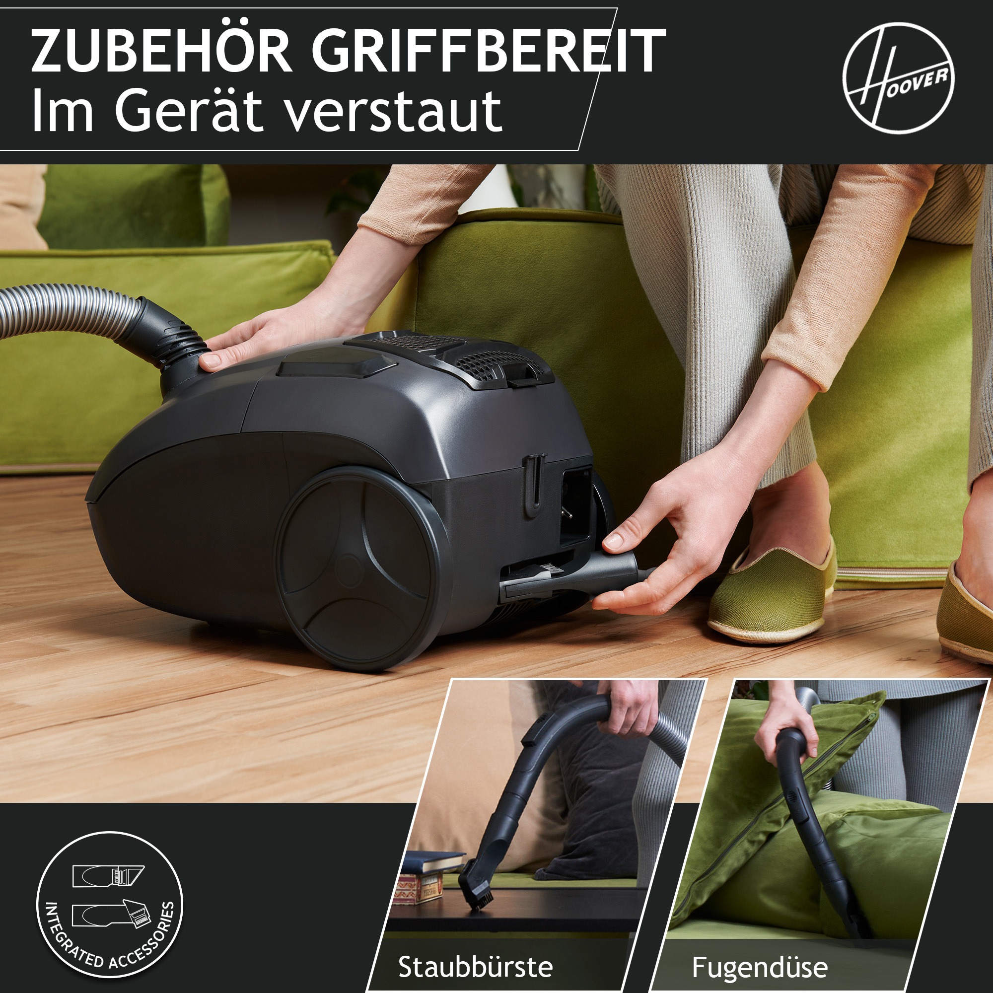 Eine Person benutzt einen Hoover-Staubsauger. Er hat integriertes Zubehör und ist schwarz. Der Hintergrund hat grüne Kissen und Holzböden.
