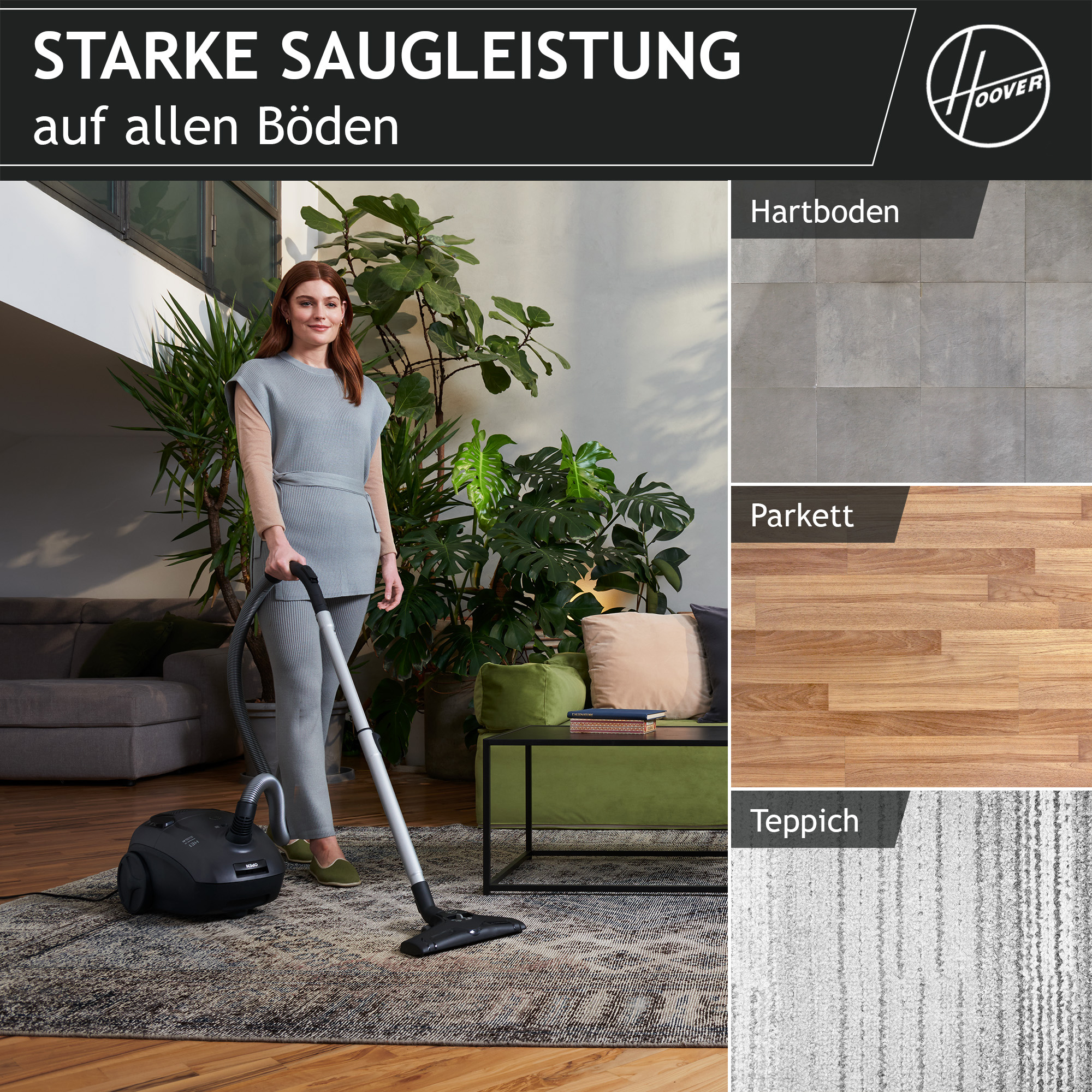 Kobieta odkurza dywan. Obraz pokazuje rodzaje podłóg: płytki, drewno i dywan. Logo Hoover u góry po prawej.