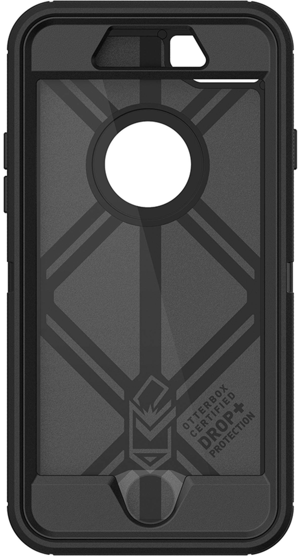Schwarze Handyhülle mit einem zentralen Kreis und geometrischen Mustern. Text lautet 'Otterbox Certified Drop+'.