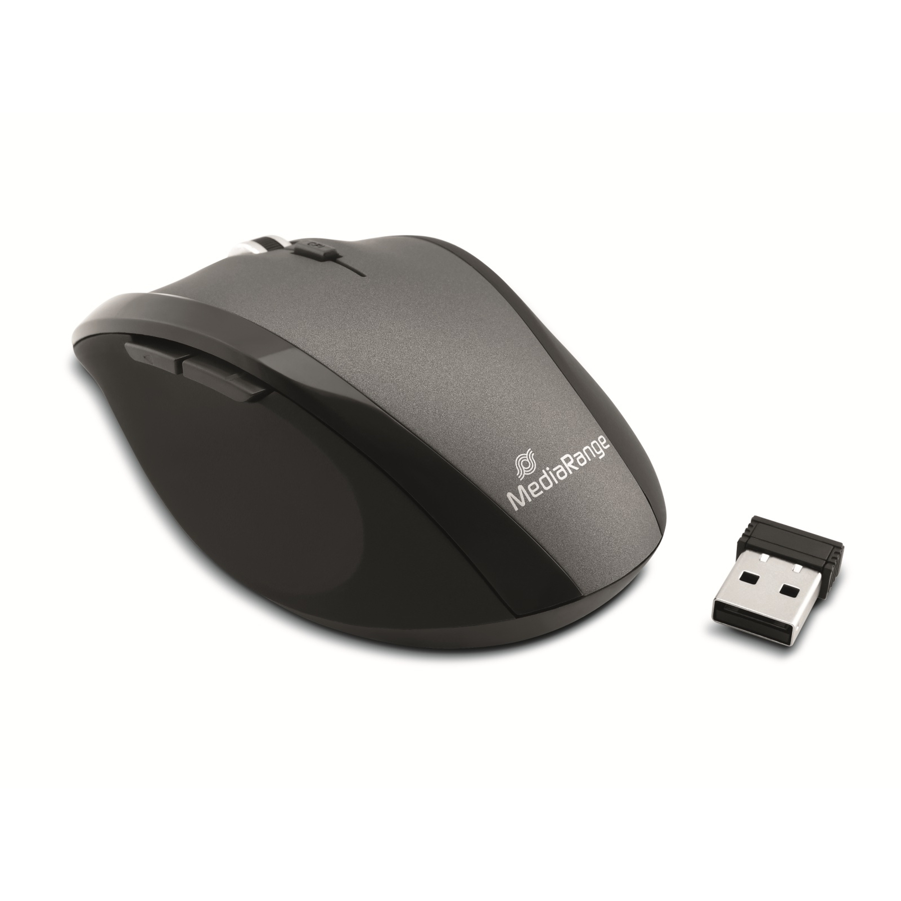 Een grijze en zwarte draadloze MediaRange muis met een USB-ontvanger op een witte achtergrond.