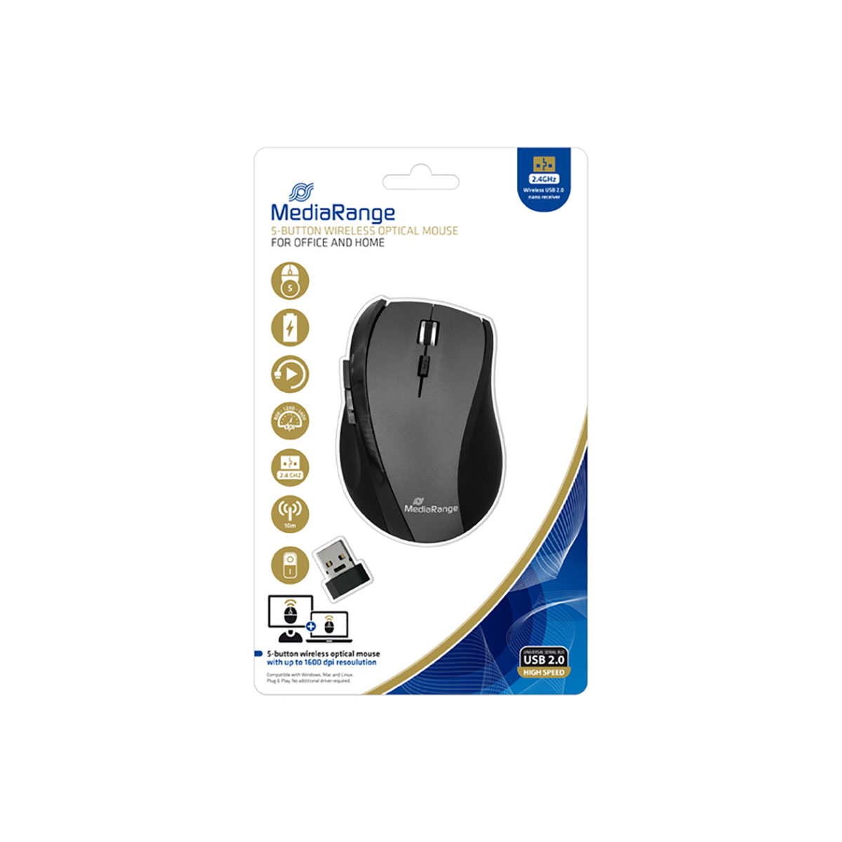 Een draadloze optische muis van MediaRange in de verpakking. De verpakking toont de muis, een USB-ontvanger en productdetails.