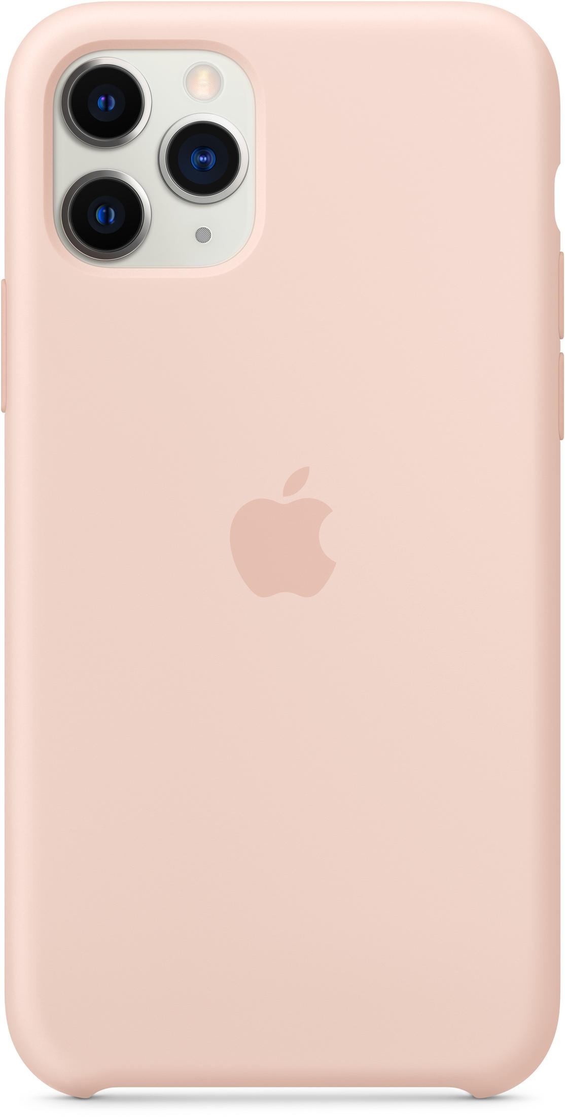 Een lichtroze iPhone-hoesje met een Apple-logo. Drie cameralenzen en een flitser staan linksboven.