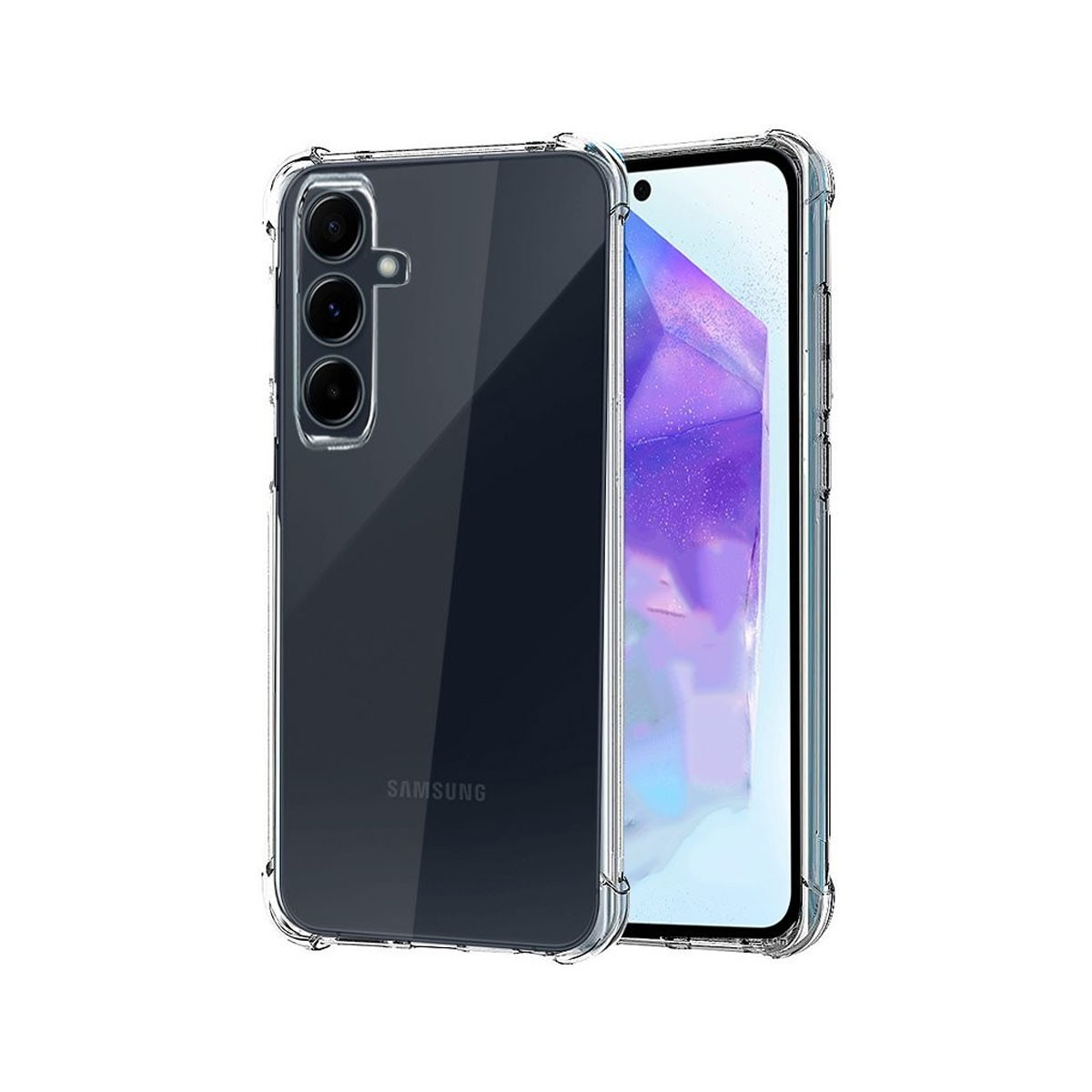 Una custodia trasparente protegge un telefono Samsung. Il telefono ha tre fotocamere e uno schermo con un design viola.