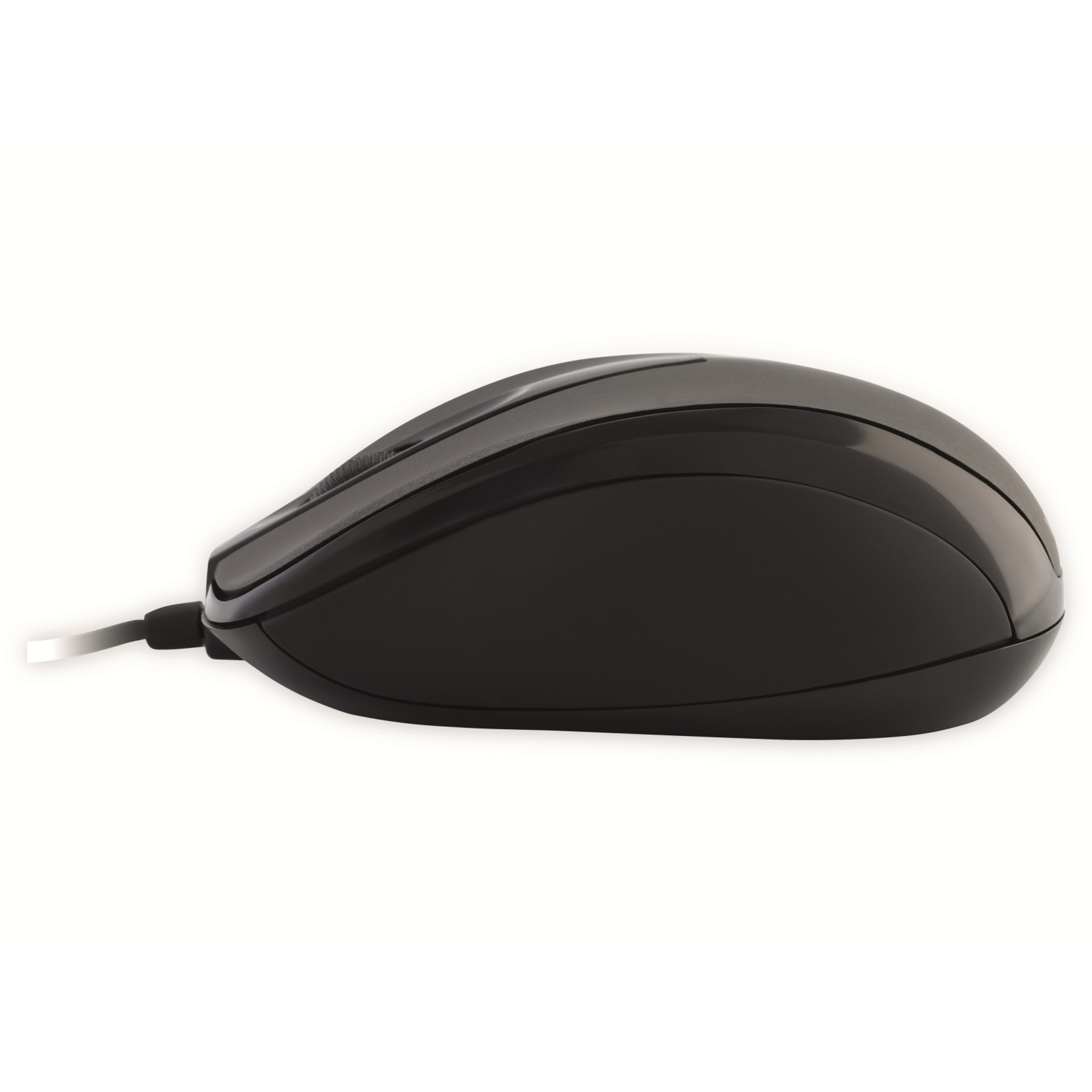 Un ratón de computadora negro con cable, sobre un fondo blanco. El ratón es liso y de diseño moderno.