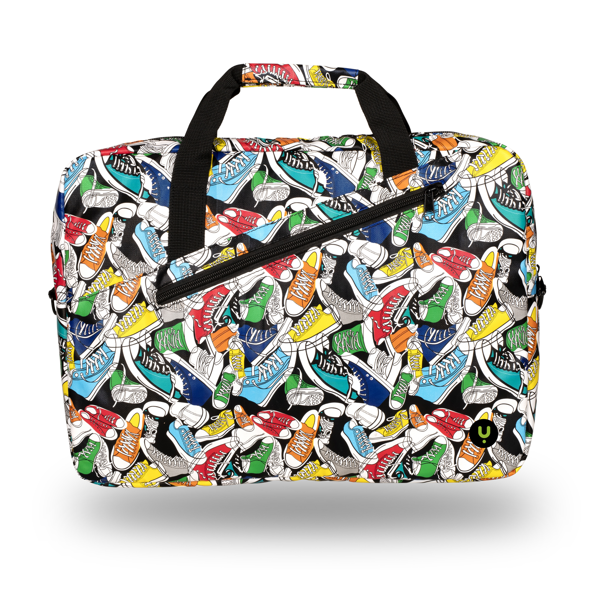 Una bolsa rectangular con asas y cremallera negras. La bolsa está cubierta con un estampado de zapatillas de colores sobre fondo negro.