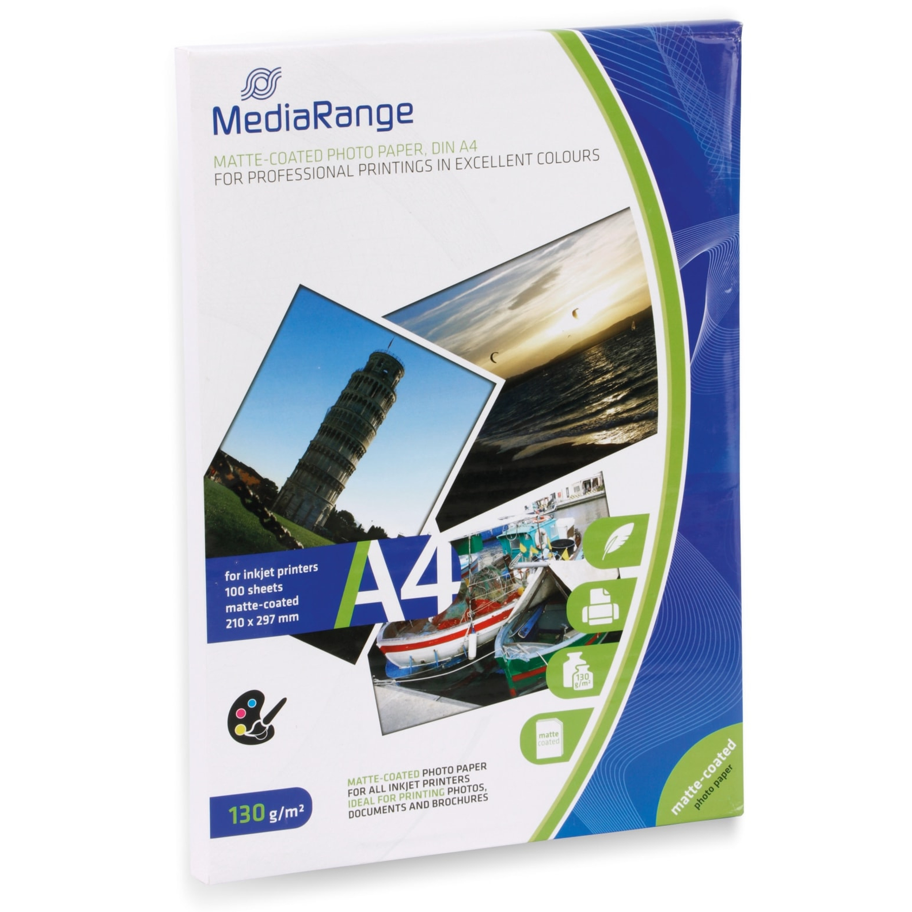 Caja de papel fotográfico con revestimiento mate MediaRange. Imágenes de la torre inclinada de Pisa, barcos y una puesta de sol.