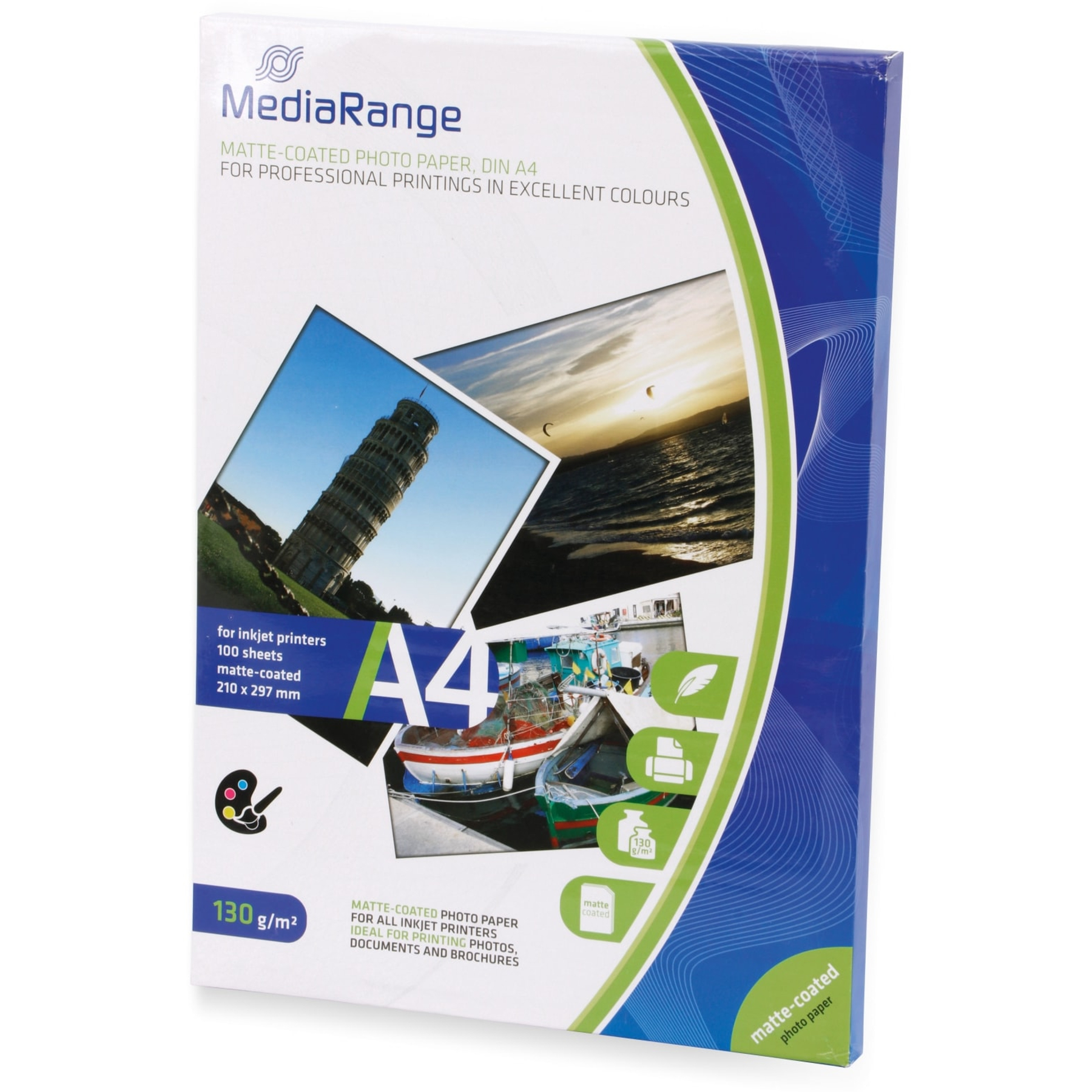 Caja de papel fotográfico MediaRange con revestimiento mate. Contiene imágenes de la torre de Pisa, barcos y una puesta de sol.