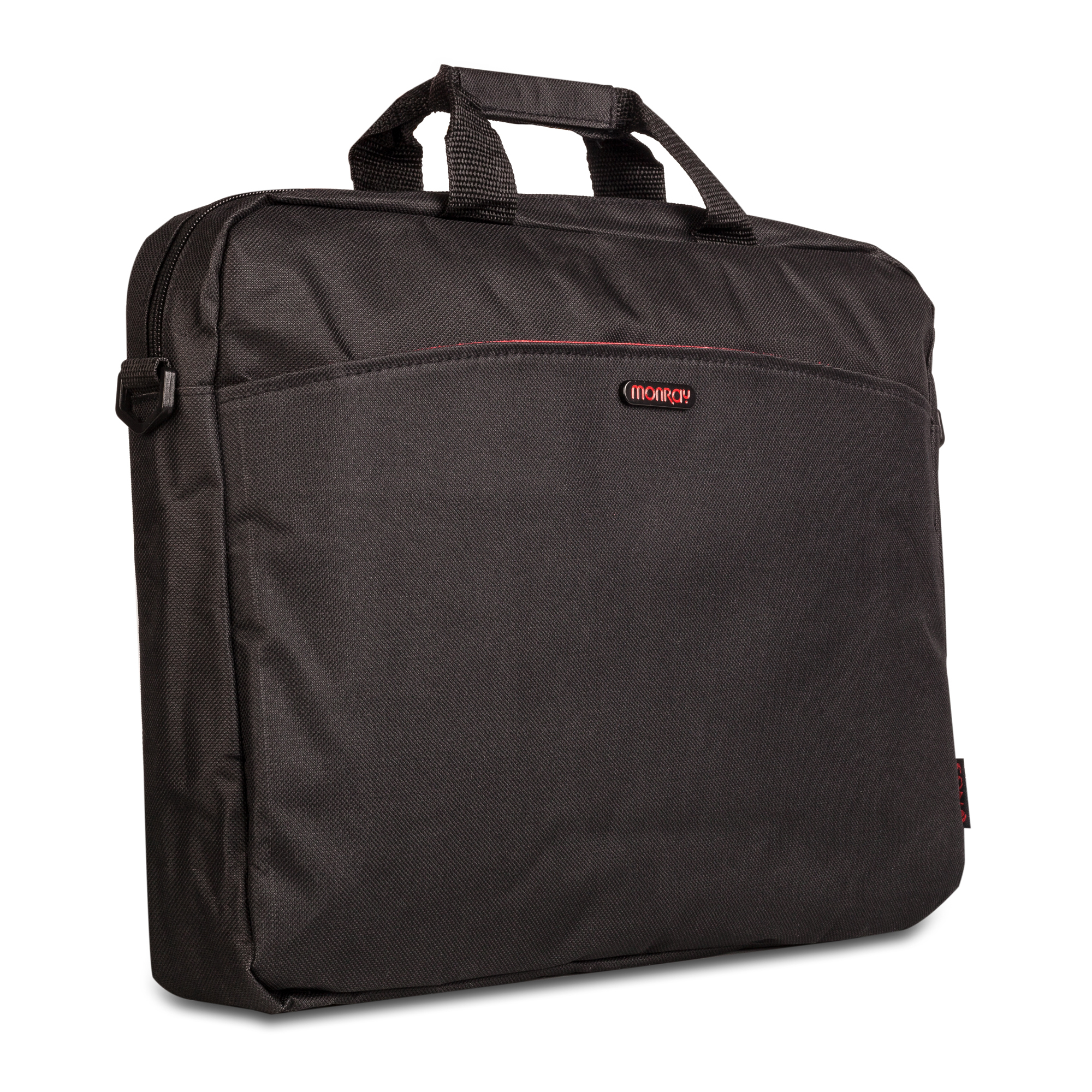 Bolso negro para portátil con asa y cremallera. Línea y logotipo rojos en la parte delantera. Aislado sobre fondo blanco.