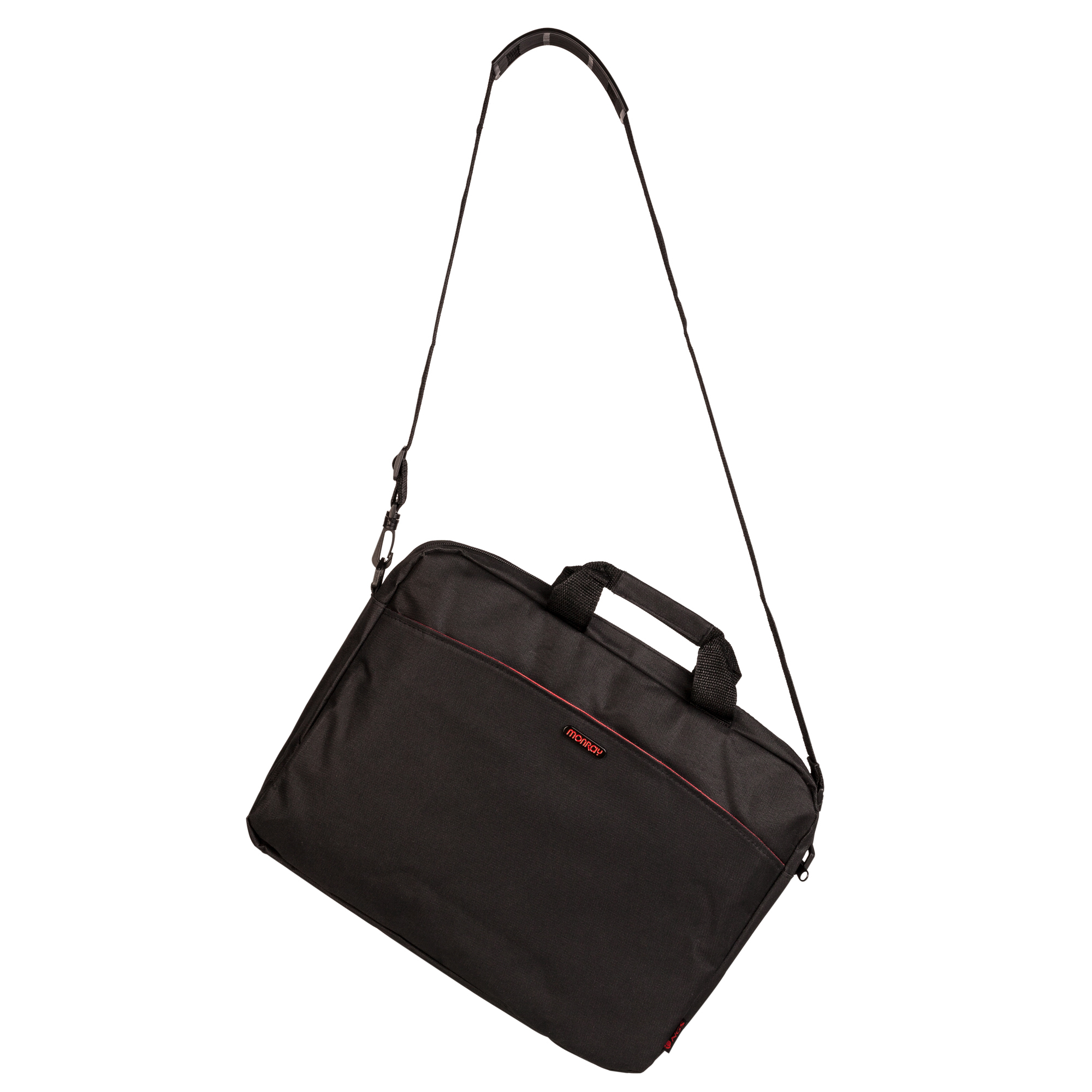 Una bolsa negra para portátil con correa para el hombro, ribete rojo y asa. La bolsa está en ángulo sobre un fondo blanco.