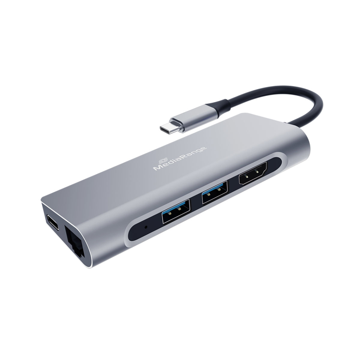 Un hub USB MediaRange argentato con più porte, tra cui USB, HDMI e un connettore USB-C. Cavo nero.