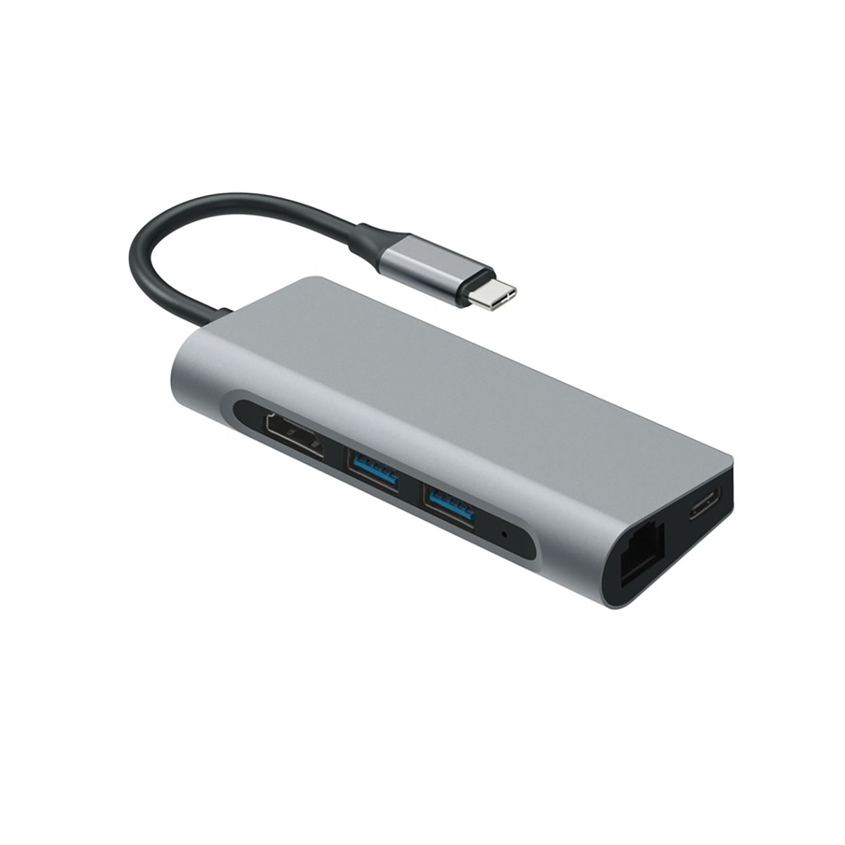 Un hub USB-C argentato con più porte, tra cui HDMI, USB ed ethernet. Ha un cavo nero e un connettore USB-C.
