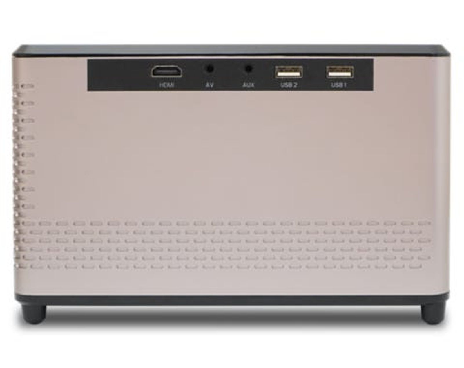 Ein beiger Projektor mit schwarzem Oberteil, mit Anschlüssen wie HDMI und USB. Er hat Lüftungslöcher und steht auf kurzen Beinen.