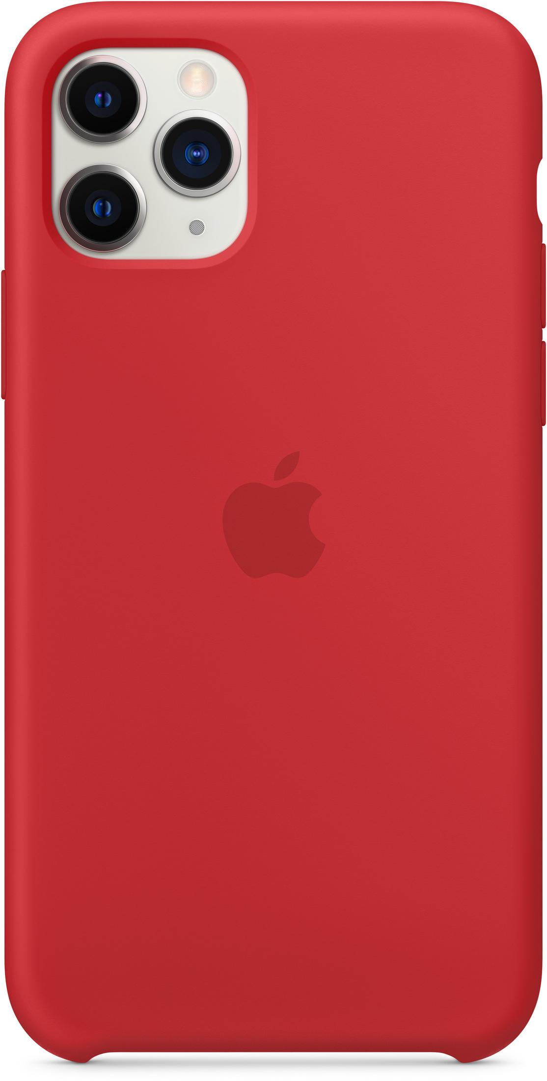 Rode iPhone-hoes met Apple-logo. Drievoudige camera en flits bovenaan. De hoes is glad en mat.