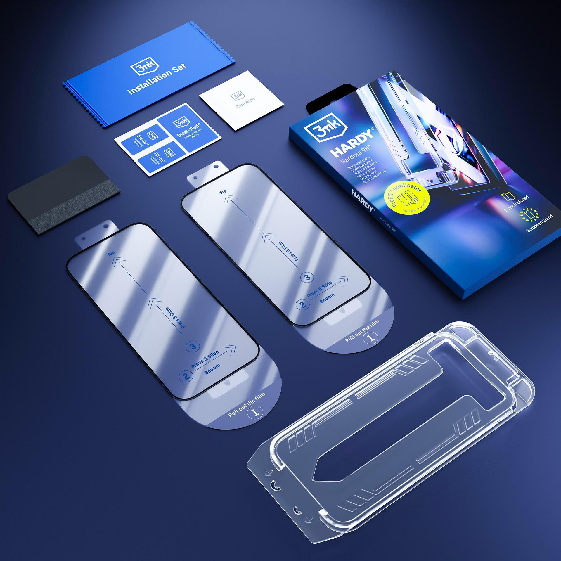 Zestaw produktów: ochraniacze ekranu, zestaw instalacyjny i pudełko. Elementy rozmieszczone na niebieskiej powierzchni.