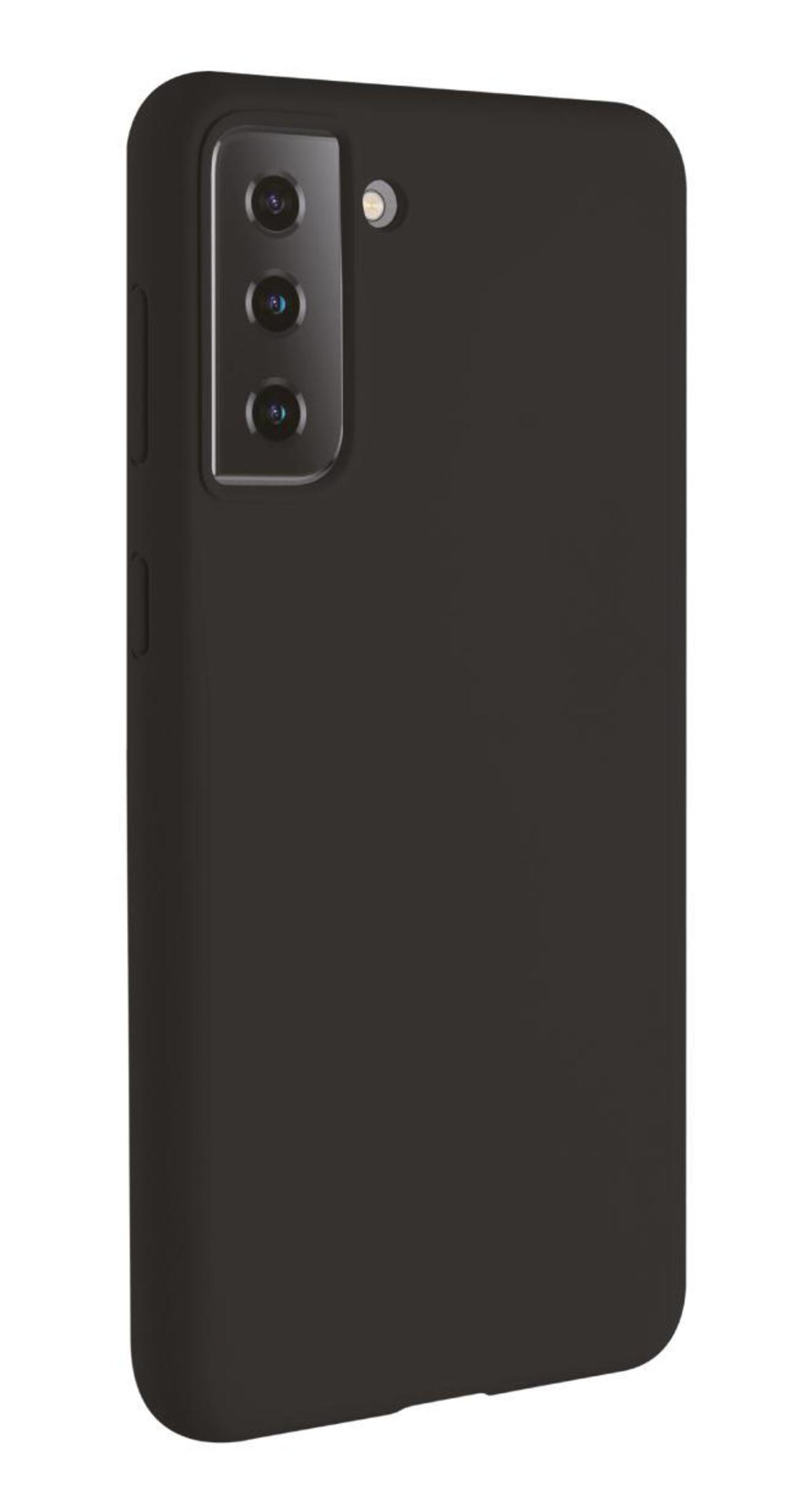 Una custodia nera per telefono con un gruppo fotocamere. La custodia è liscia e scura, con un modulo fotocamera lucido.