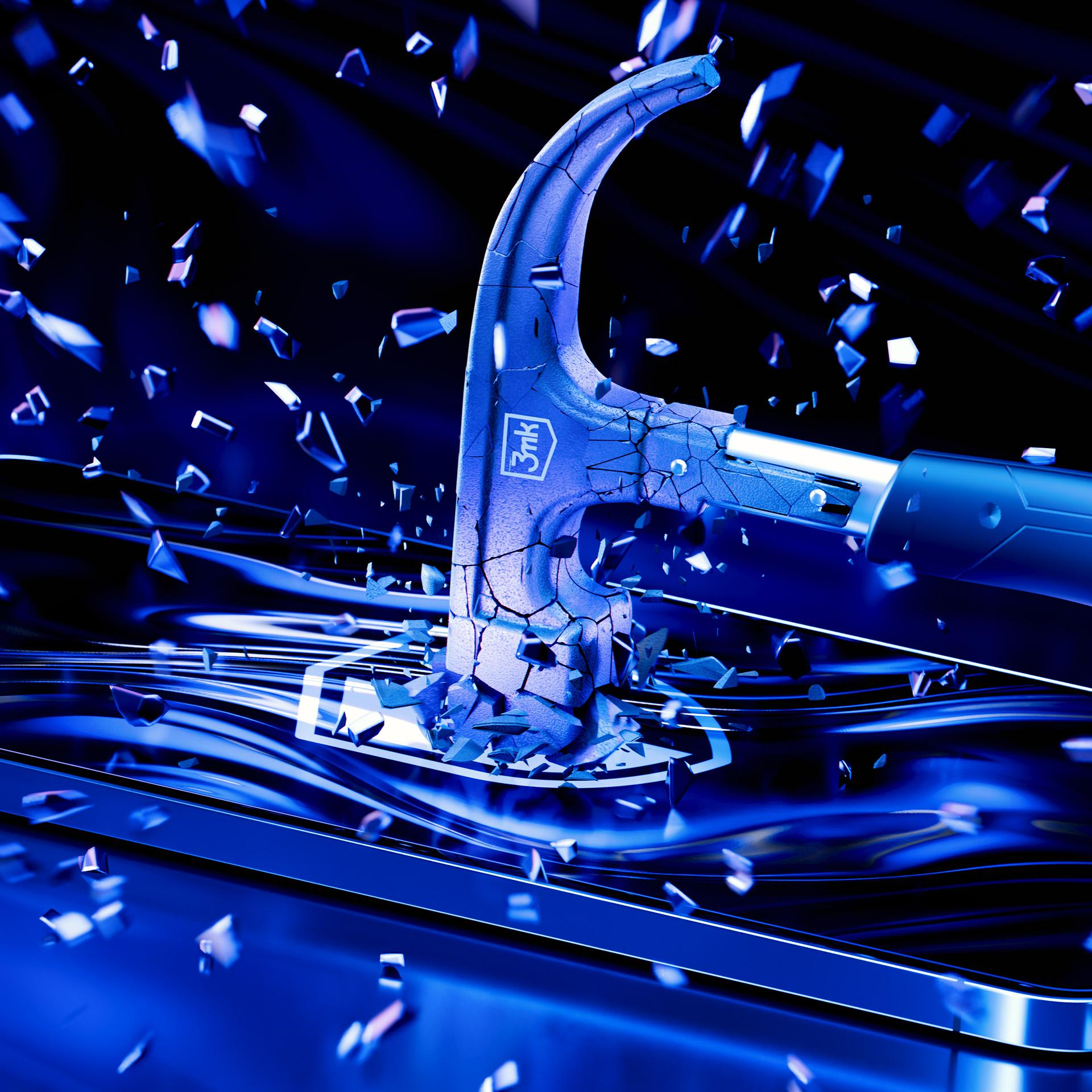 Niebieski młot rozbija powierzchnię na kawałki. Ciemne tło z płynącymi liniami i unoszącymi się fragmentami.