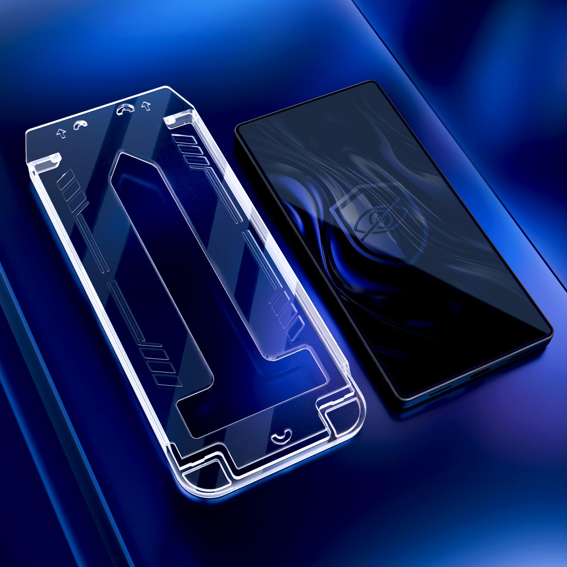 Telefon i ochraniacz ekranu na niebieskiej powierzchni. Telefon ma ciemny ekran.