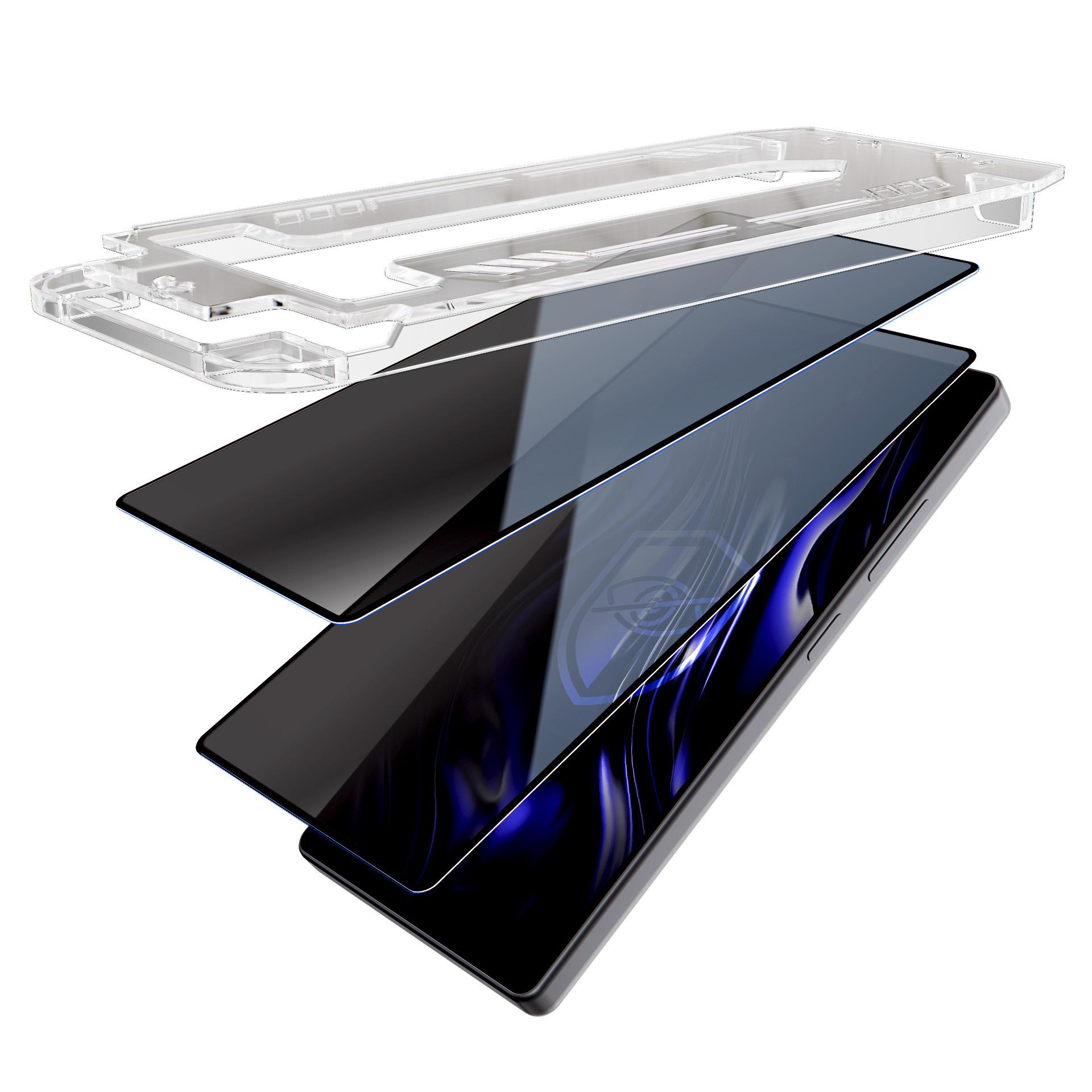 Telefon z ochraniaczami ekranu i przezroczystym etui, w widoku rozłożonym na białym tle.